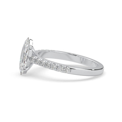 marquise cut lab grown diamond prong set engagement ring with pavé band and white gold  metal tone design