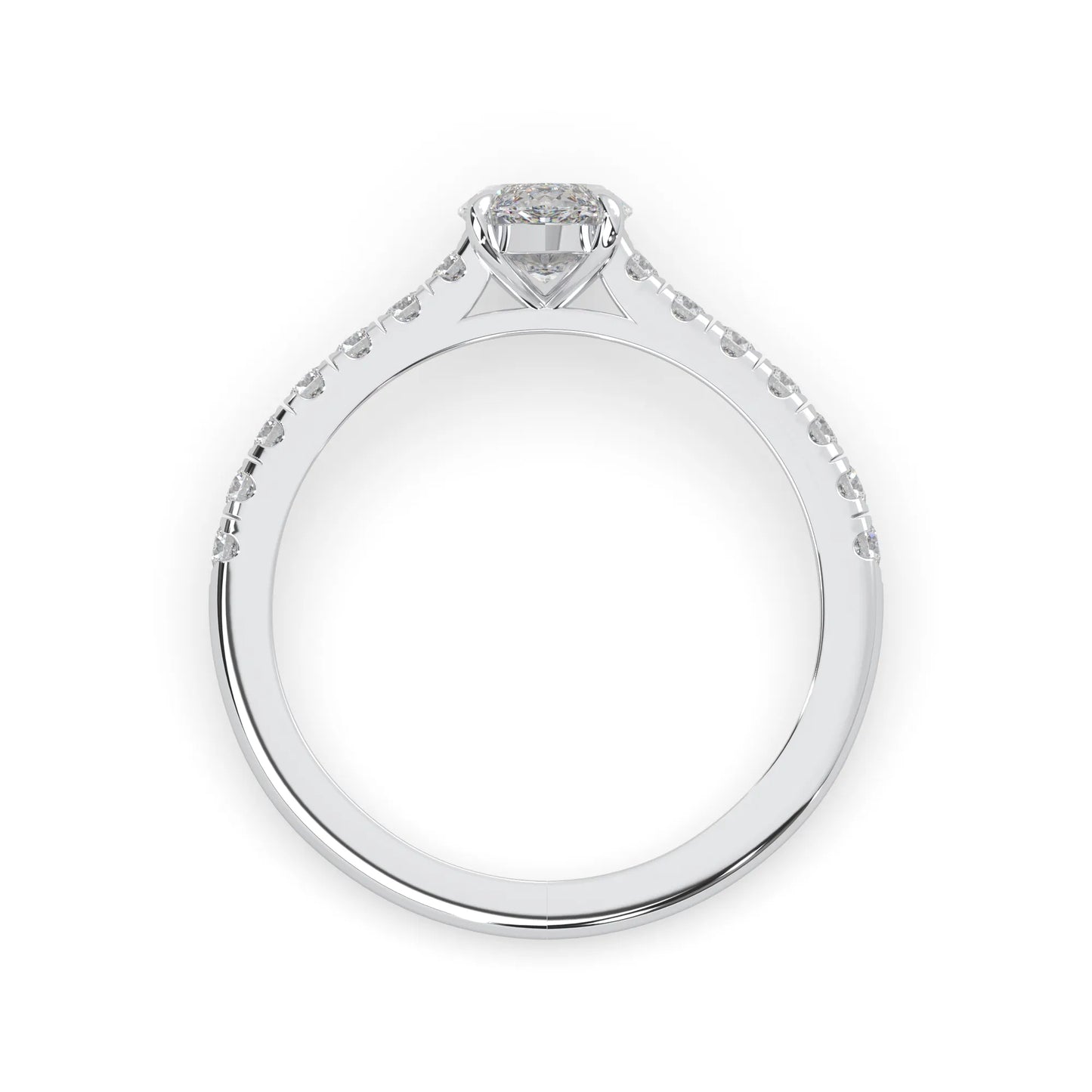 marquise cut lab grown diamond prong set engagement ring with pavé band and white gold  metal tone design