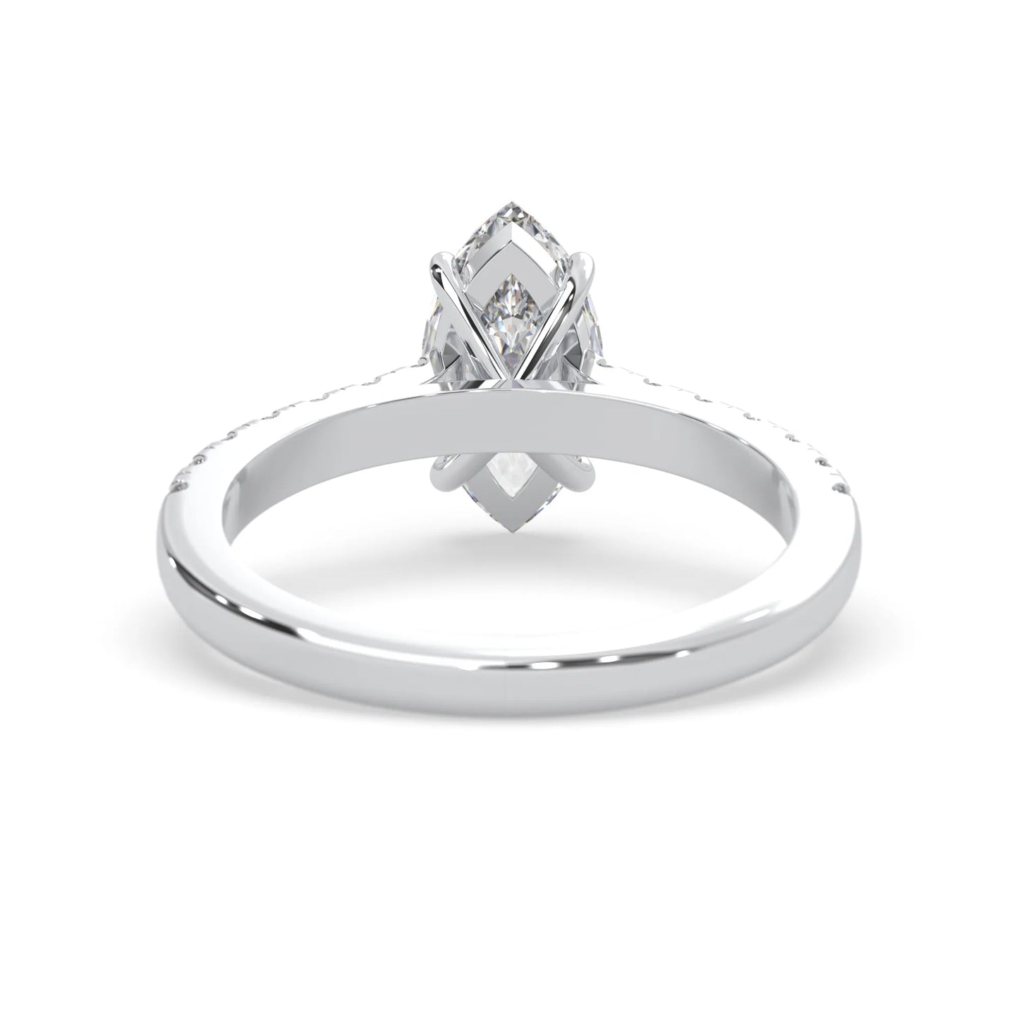 marquise cut lab grown diamond prong set engagement ring with pavé band and white gold  metal tone design