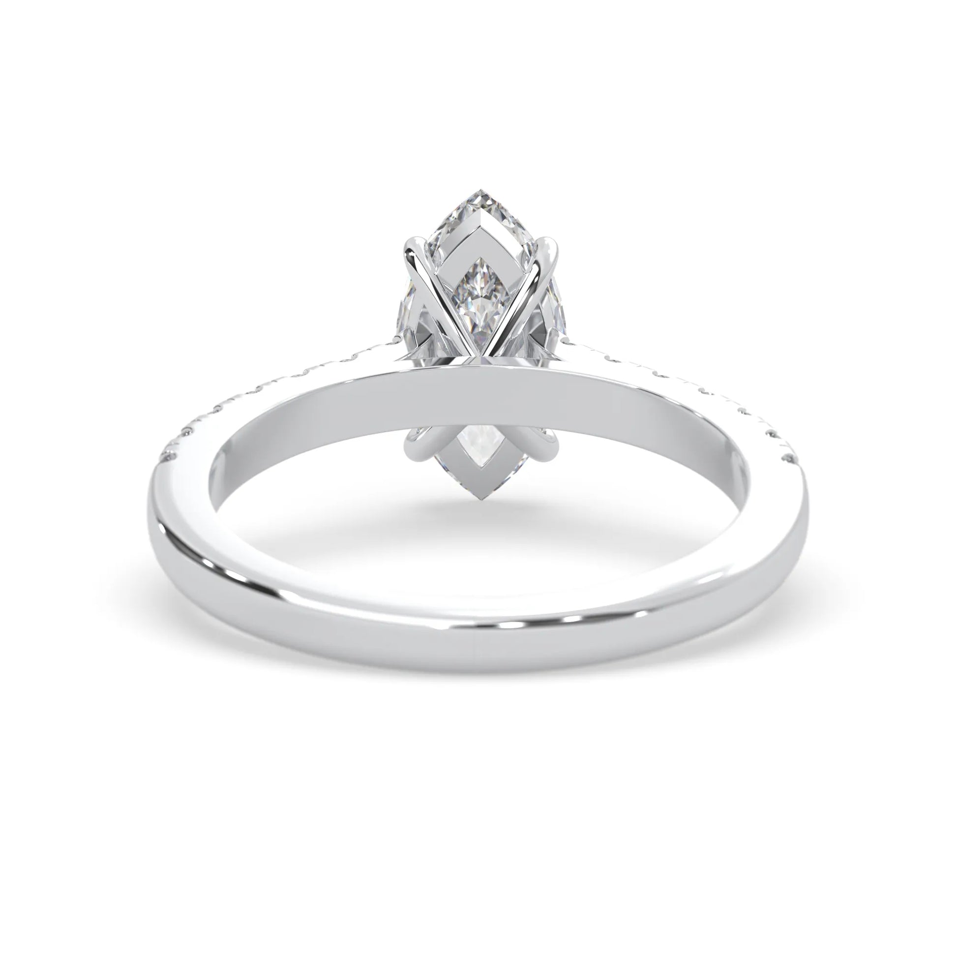 marquise cut lab grown diamond prong set engagement ring with pavé band and white gold  metal tone design
