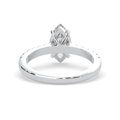 marquise cut lab grown diamond prong set engagement ring with pavé band and white gold  metal tone design
