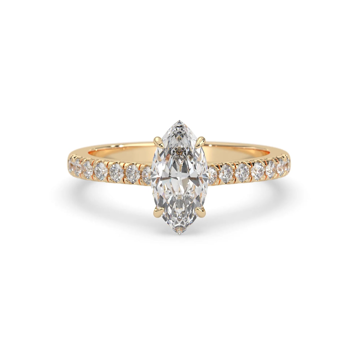 marquise cut lab grown diamond prong set engagement ring with pavé band and yellow gold  metal tone design