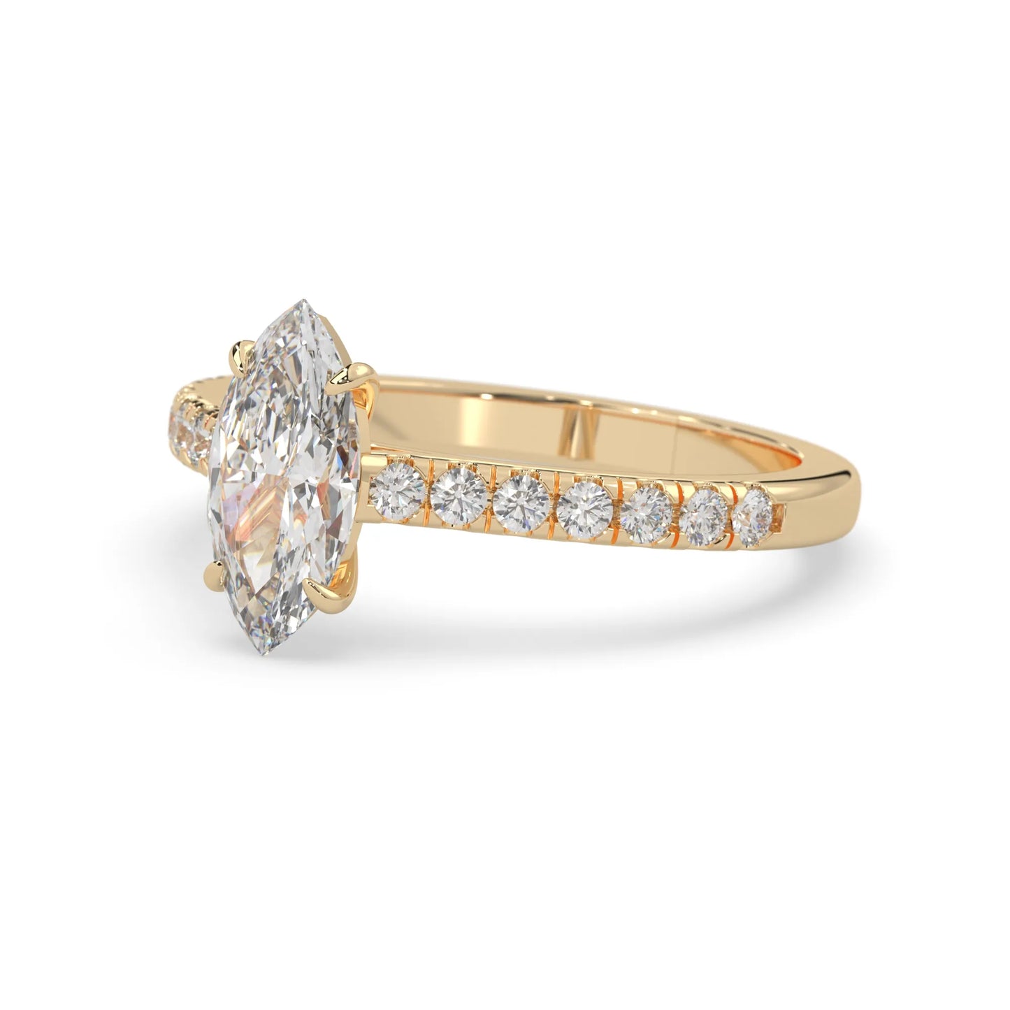 marquise cut lab grown diamond prong set engagement ring with pavé band and yellow gold  metal tone design