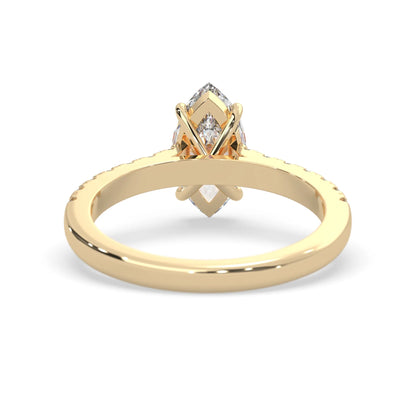 marquise cut lab grown diamond prong set engagement ring with pavé band and yellow gold  metal tone design
