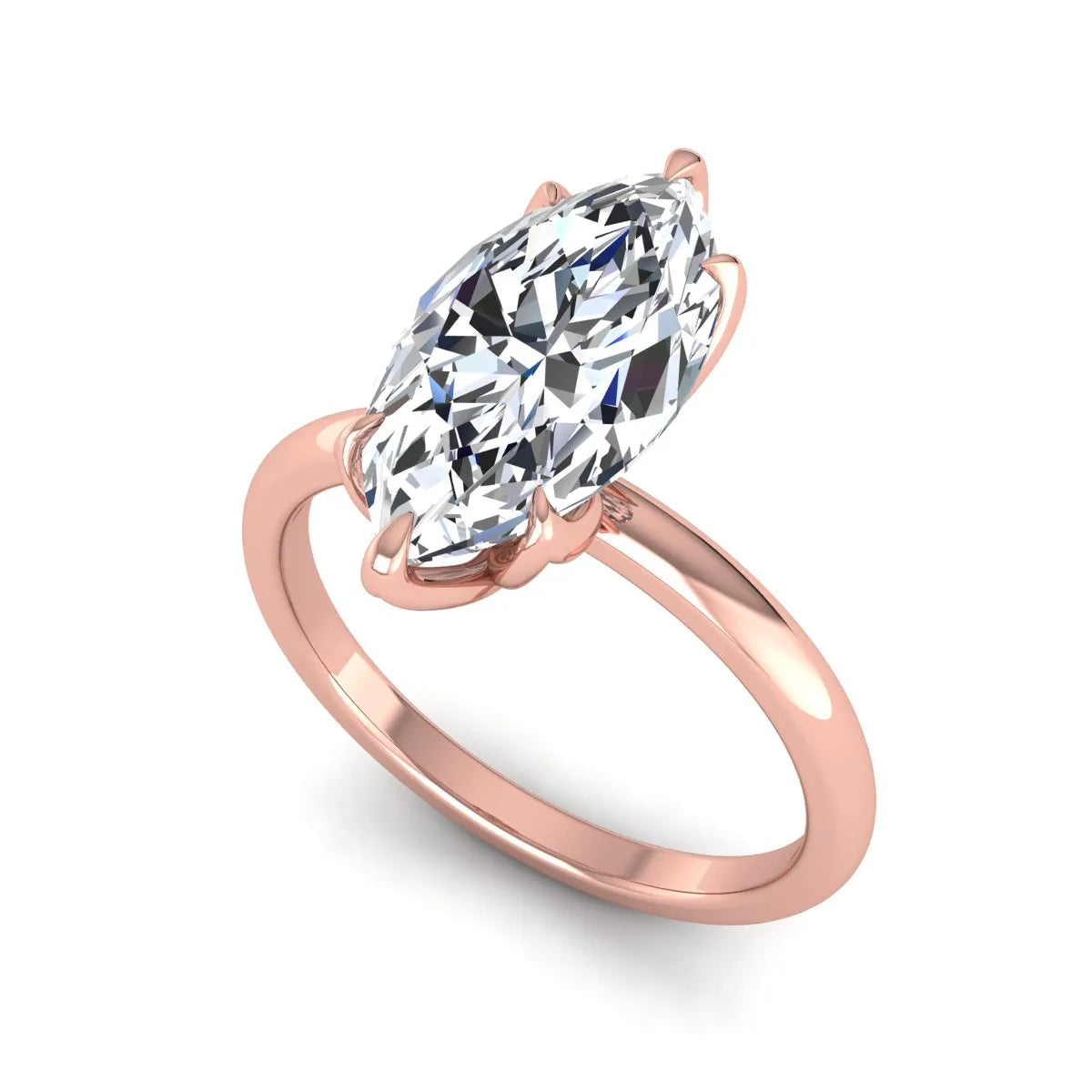 Marquise cut lab grown diamond solitaire engagement ring with six prong setting in rose gold tone featuring an elongated elegant design.
