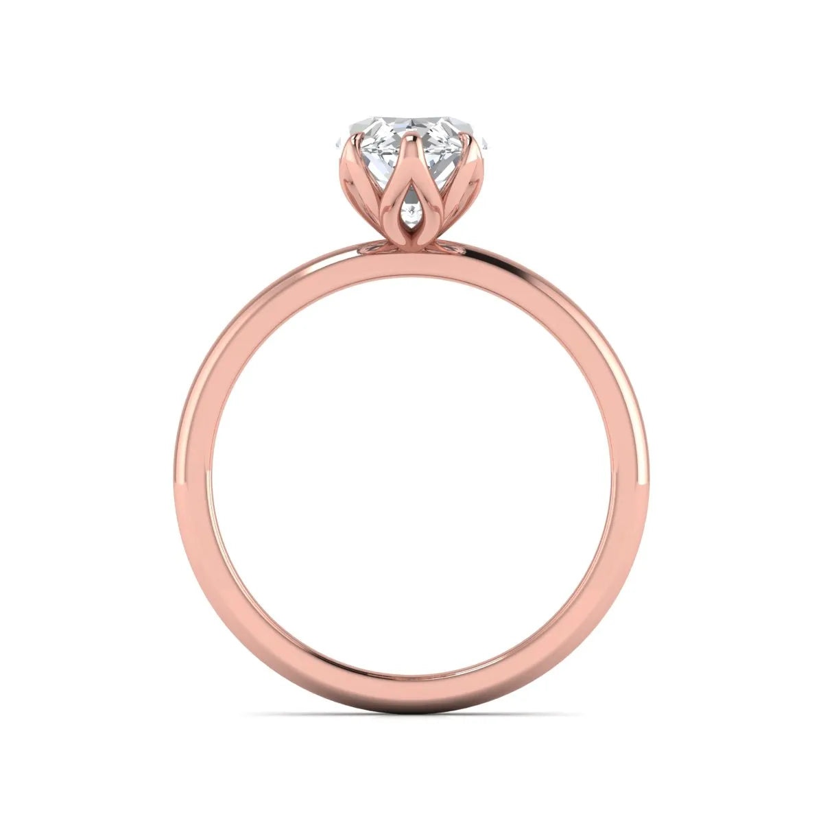 Marquise cut lab grown diamond solitaire engagement ring with six prong setting in rose gold tone featuring an elongated elegant design.