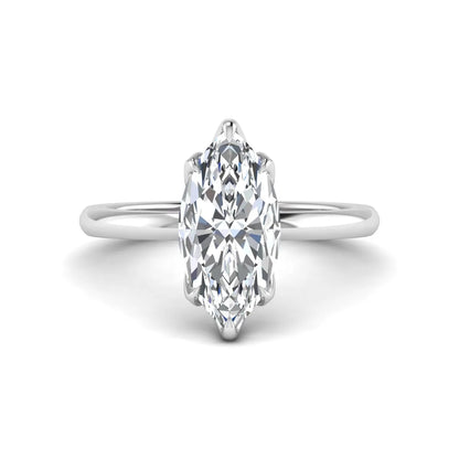 Marquise cut lab grown diamond solitaire engagement ring with six prong setting in white gold tone featuring an elongated elegant design.