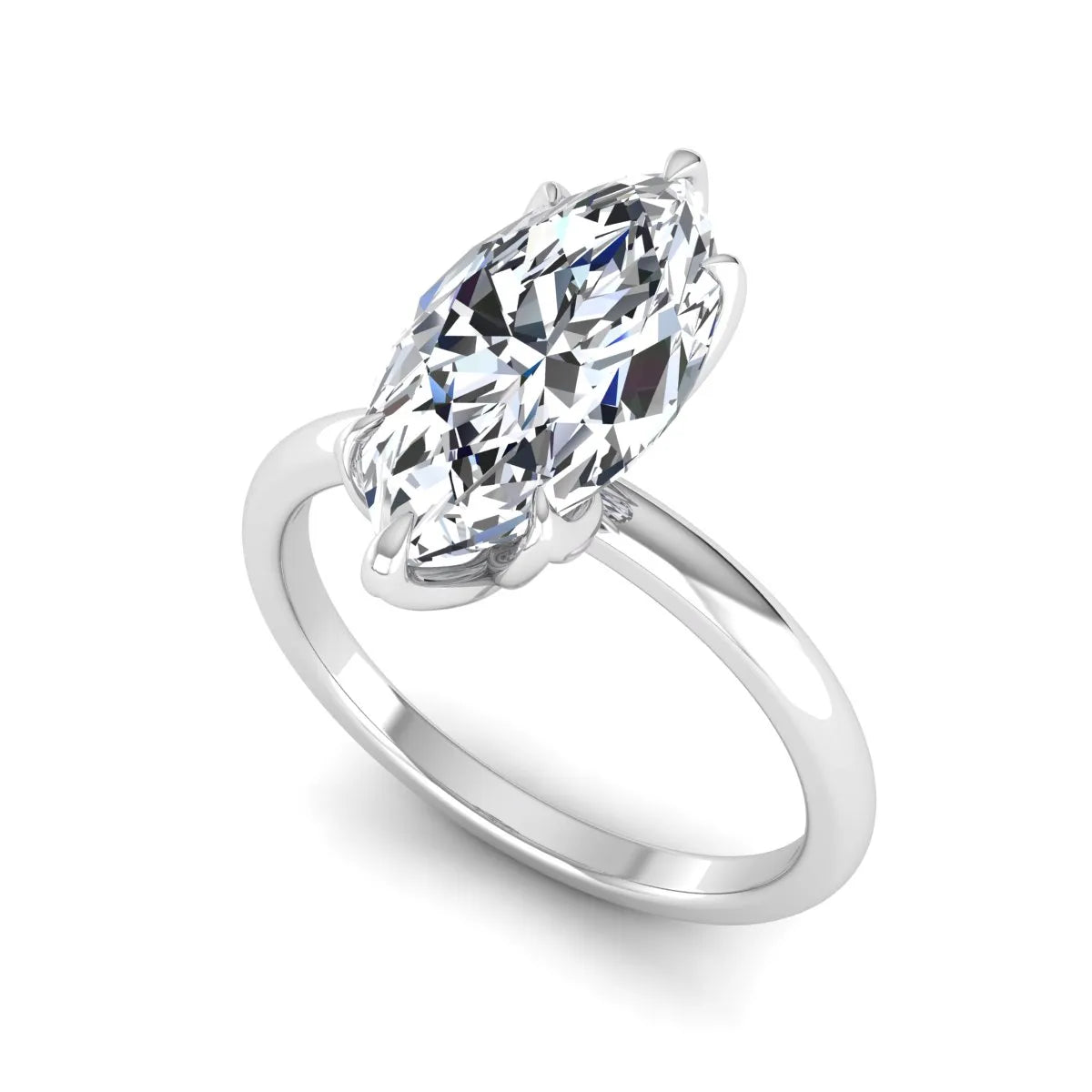 Marquise cut lab grown diamond solitaire engagement ring with six prong setting in white gold tone featuring an elongated elegant design.