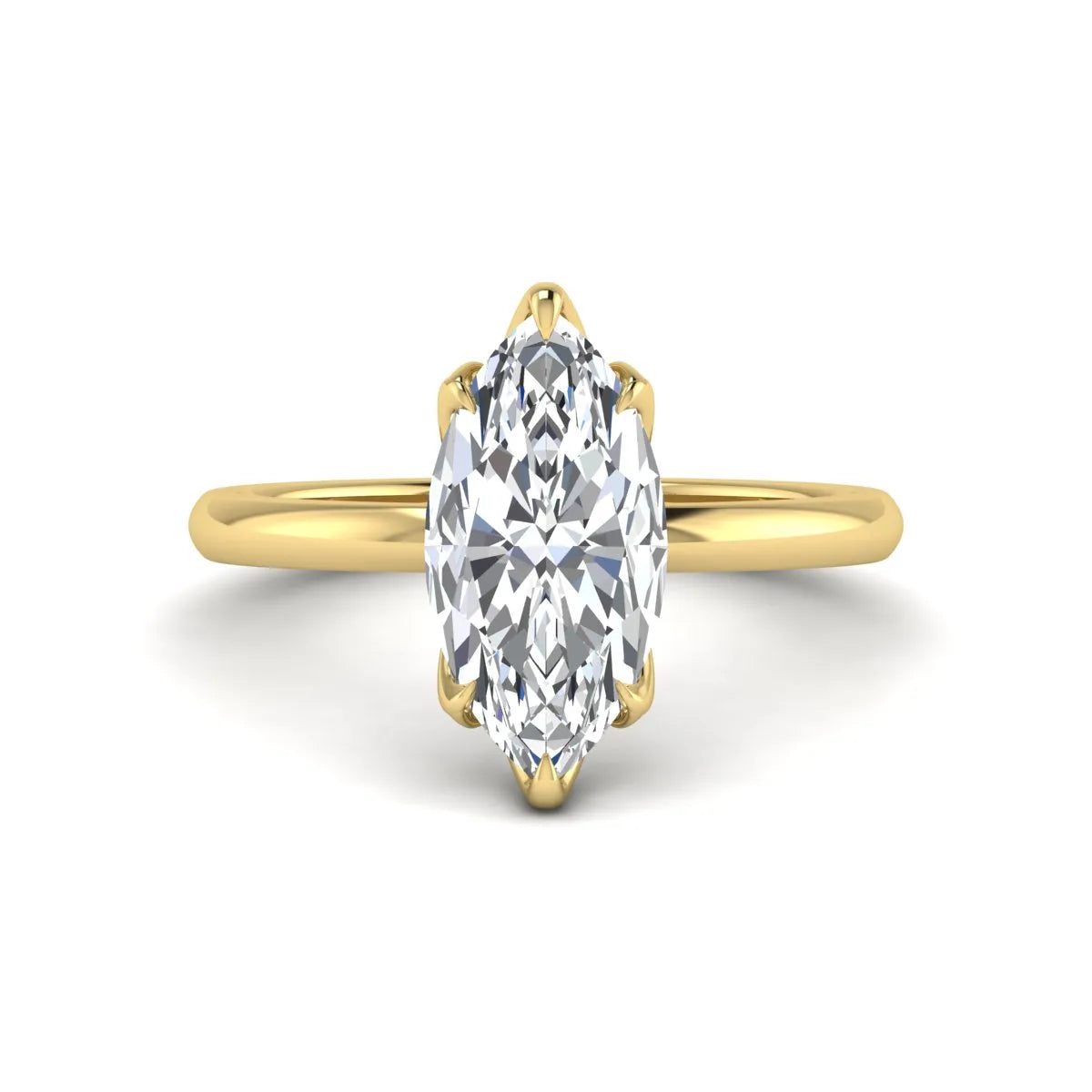 Marquise cut lab grown diamond solitaire engagement ring with six prong setting in yellow gold tone featuring an elongated elegant design.