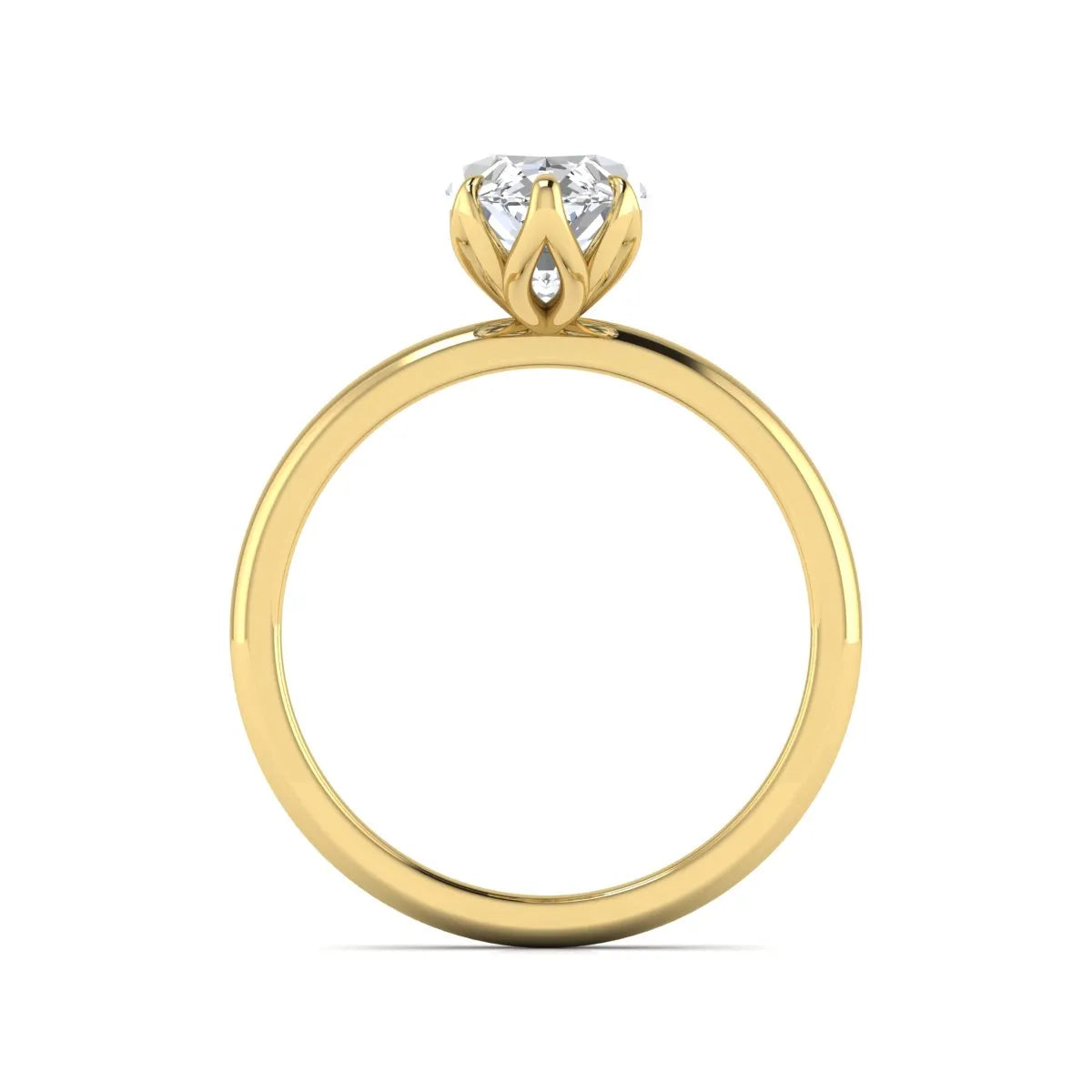 Marquise cut lab grown diamond solitaire engagement ring with six prong setting in yellow gold tone featuring an elongated elegant design.