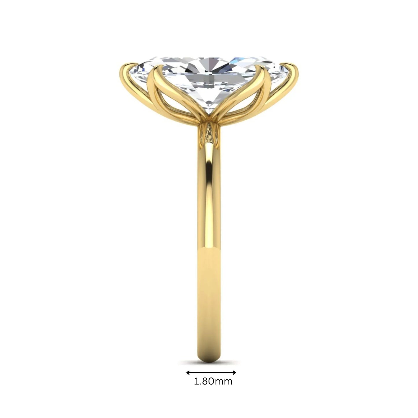 Marquise cut lab grown diamond solitaire engagement ring with six prong setting in yellow gold tone featuring an elongated elegant design.