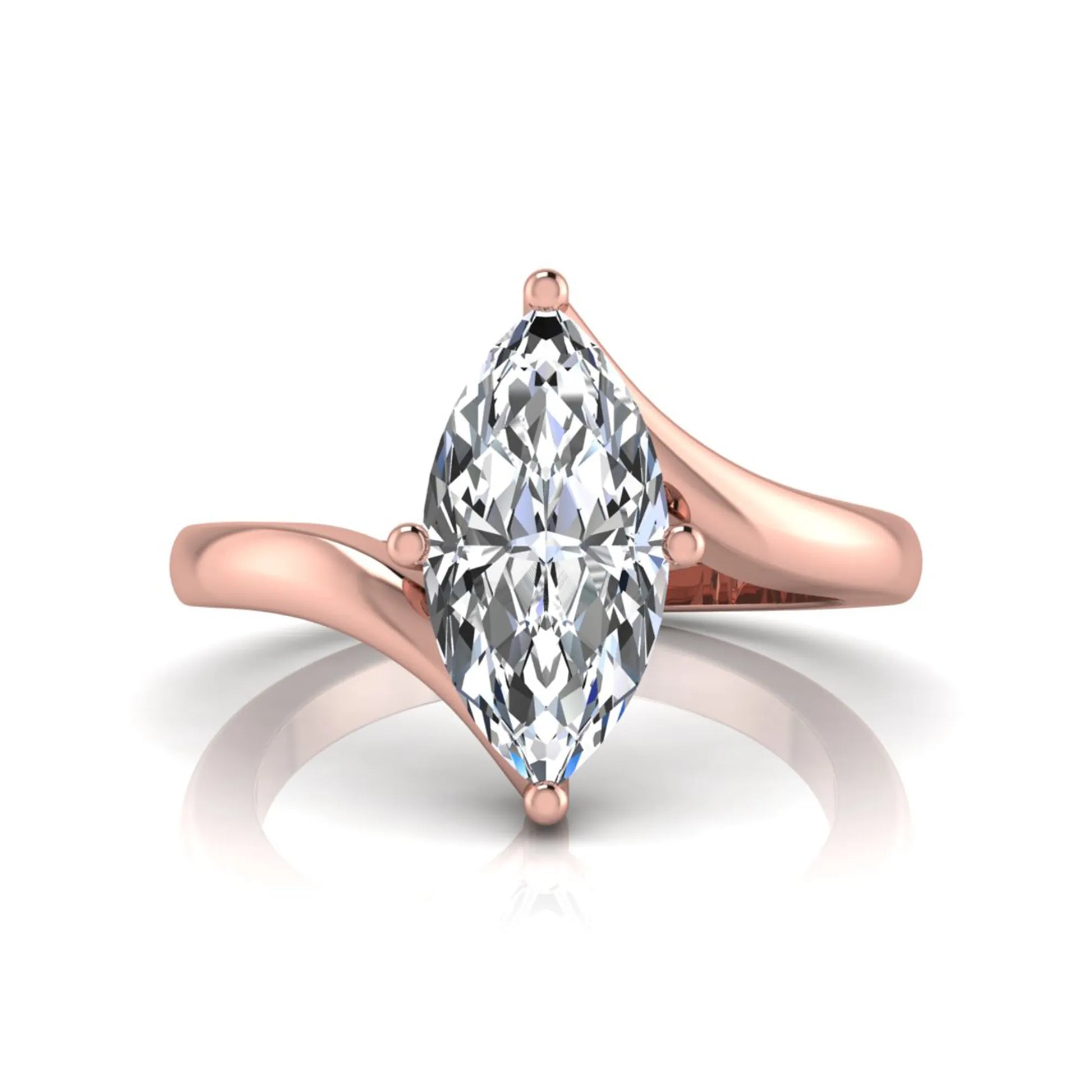 Marquise cut lab grown diamond solitaire engagement ring featuring a four-prong setting with an elegant bypass-style band in rose gold finish.