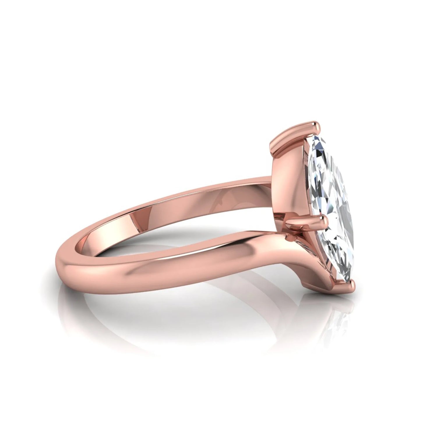 Marquise cut lab grown diamond solitaire engagement ring featuring a four-prong setting with an elegant bypass-style band in rose gold finish.