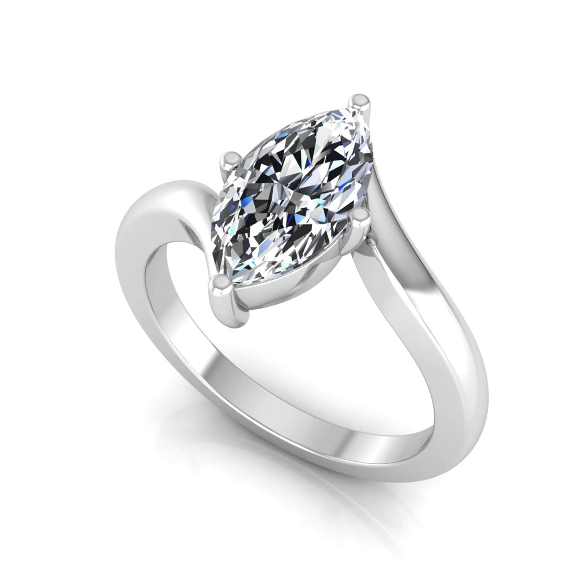 Marquise cut lab grown diamond solitaire engagement ring featuring a four-prong setting with an elegant bypass-style band in white gold finish.