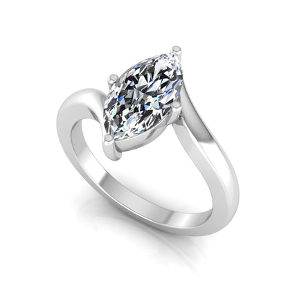 Marquise cut lab grown diamond solitaire engagement ring featuring a four-prong setting with an elegant bypass-style band in white gold finish.