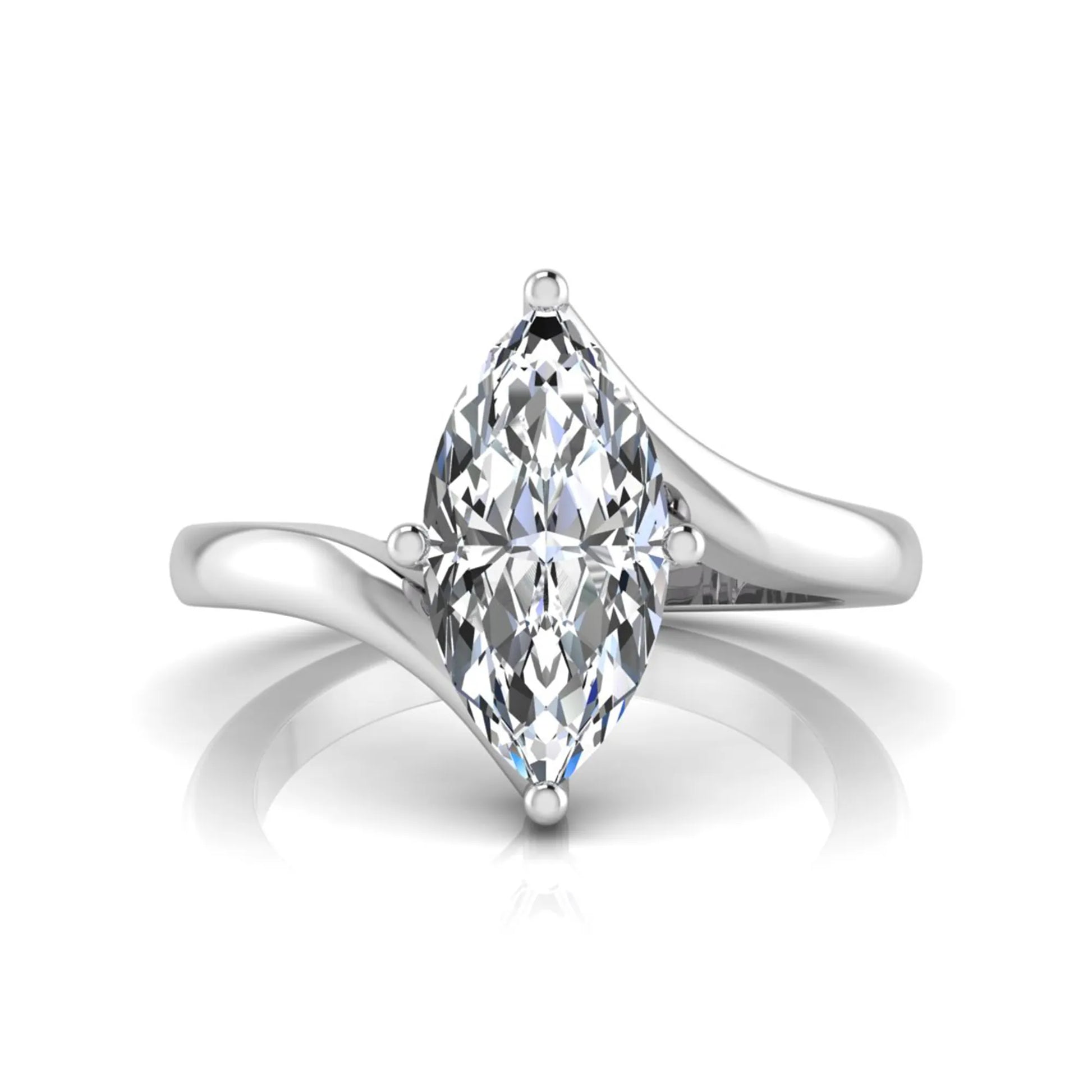 Marquise cut lab grown diamond solitaire engagement ring featuring a four-prong setting with an elegant bypass-style band in white gold finish.