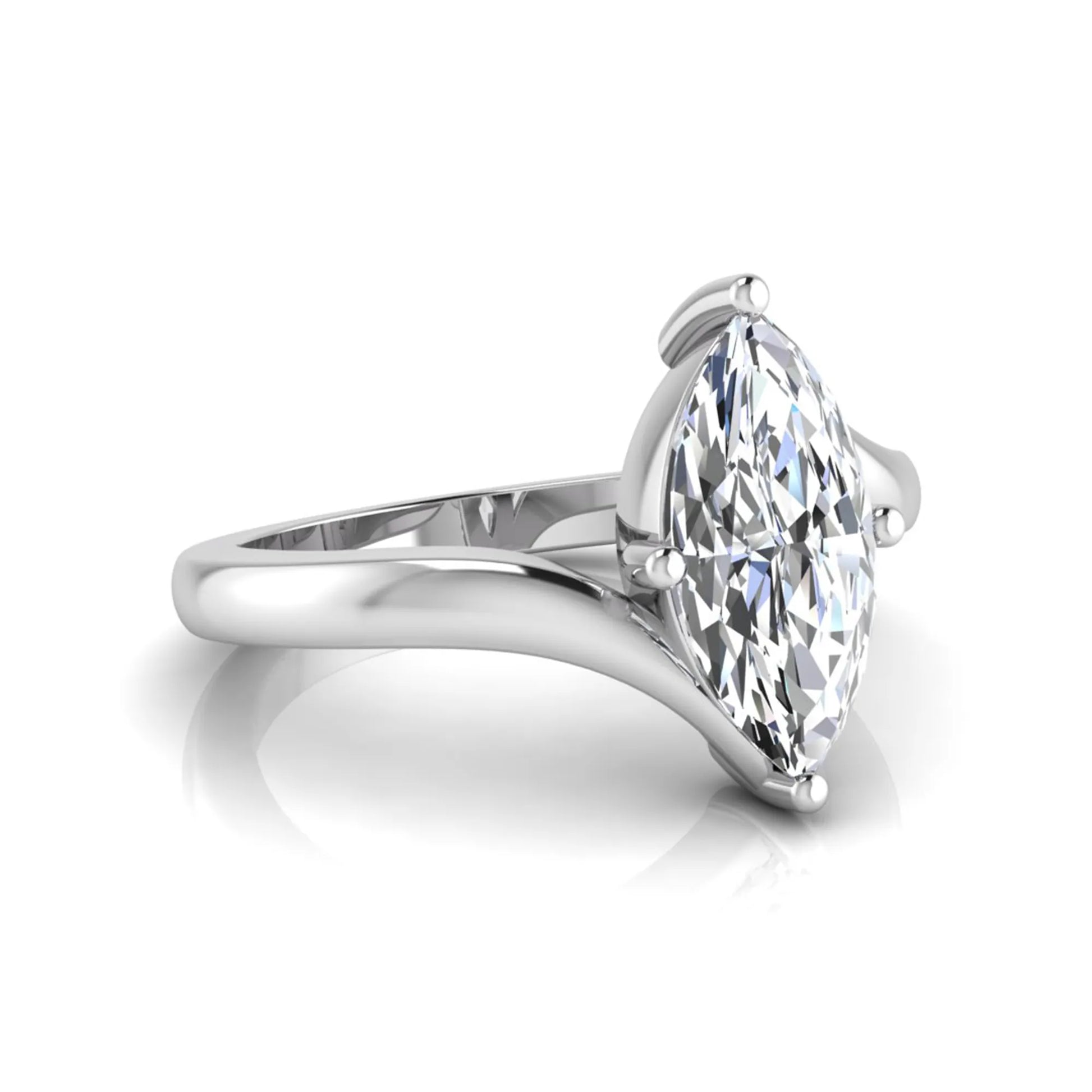 Marquise cut lab grown diamond solitaire engagement ring featuring a four-prong setting with an elegant bypass-style band in white gold finish.