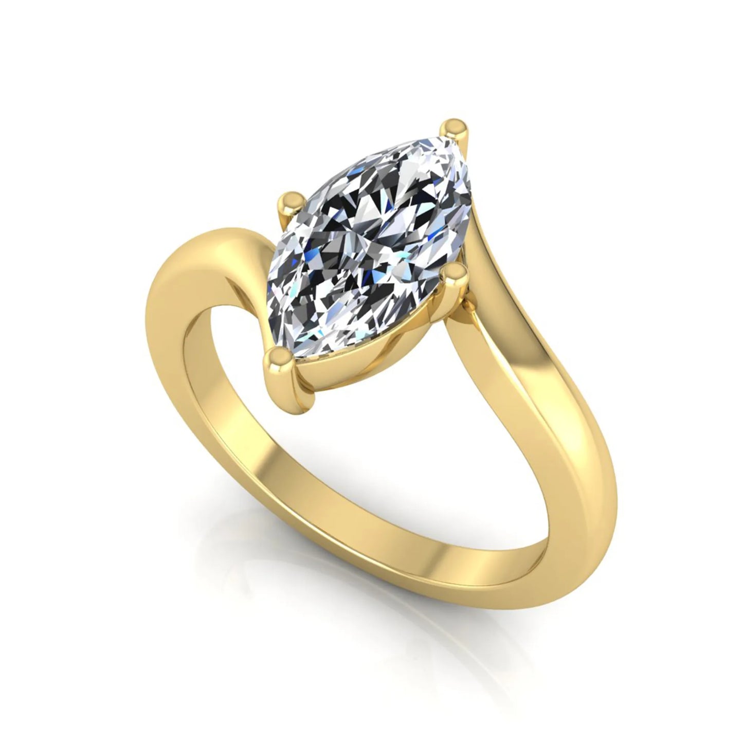Marquise cut lab grown diamond solitaire engagement ring featuring a four-prong setting with an elegant bypass-style band in yellow gold finish.