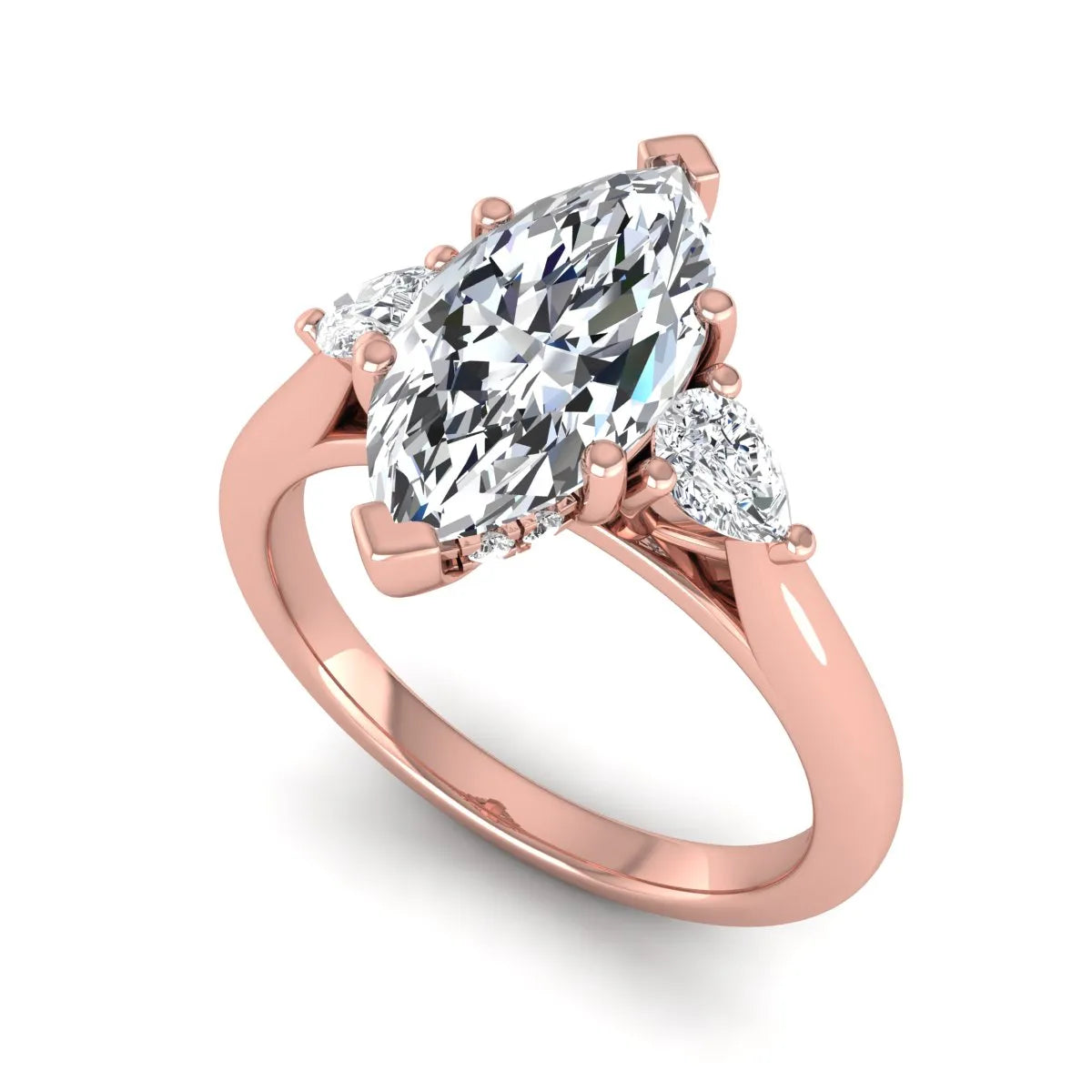 Marquise cut lab grown diamond three stone engagement ring with prong setting, round and pear side diamonds, rose gold tone shown for design reference.