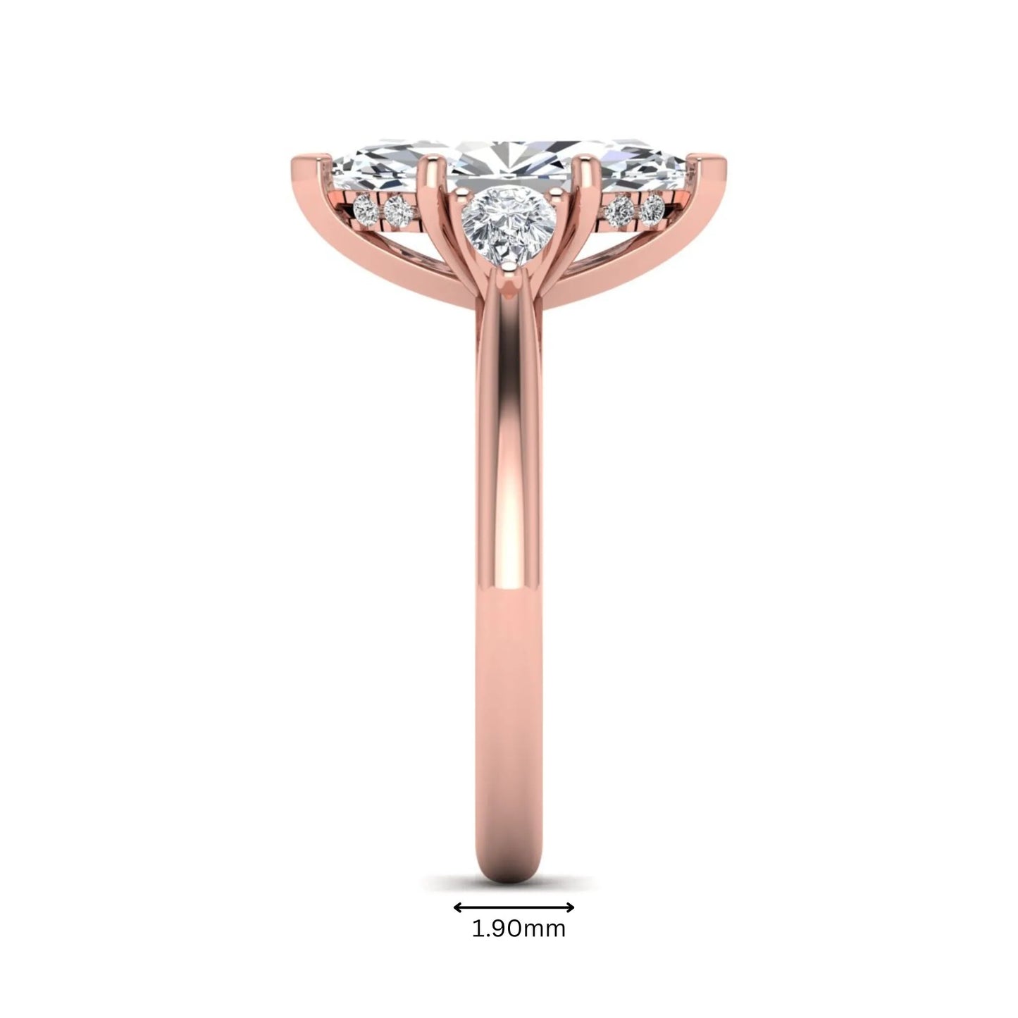 Marquise cut lab grown diamond three stone engagement ring with prong setting, round and pear side diamonds, rose gold tone shown for design reference.
