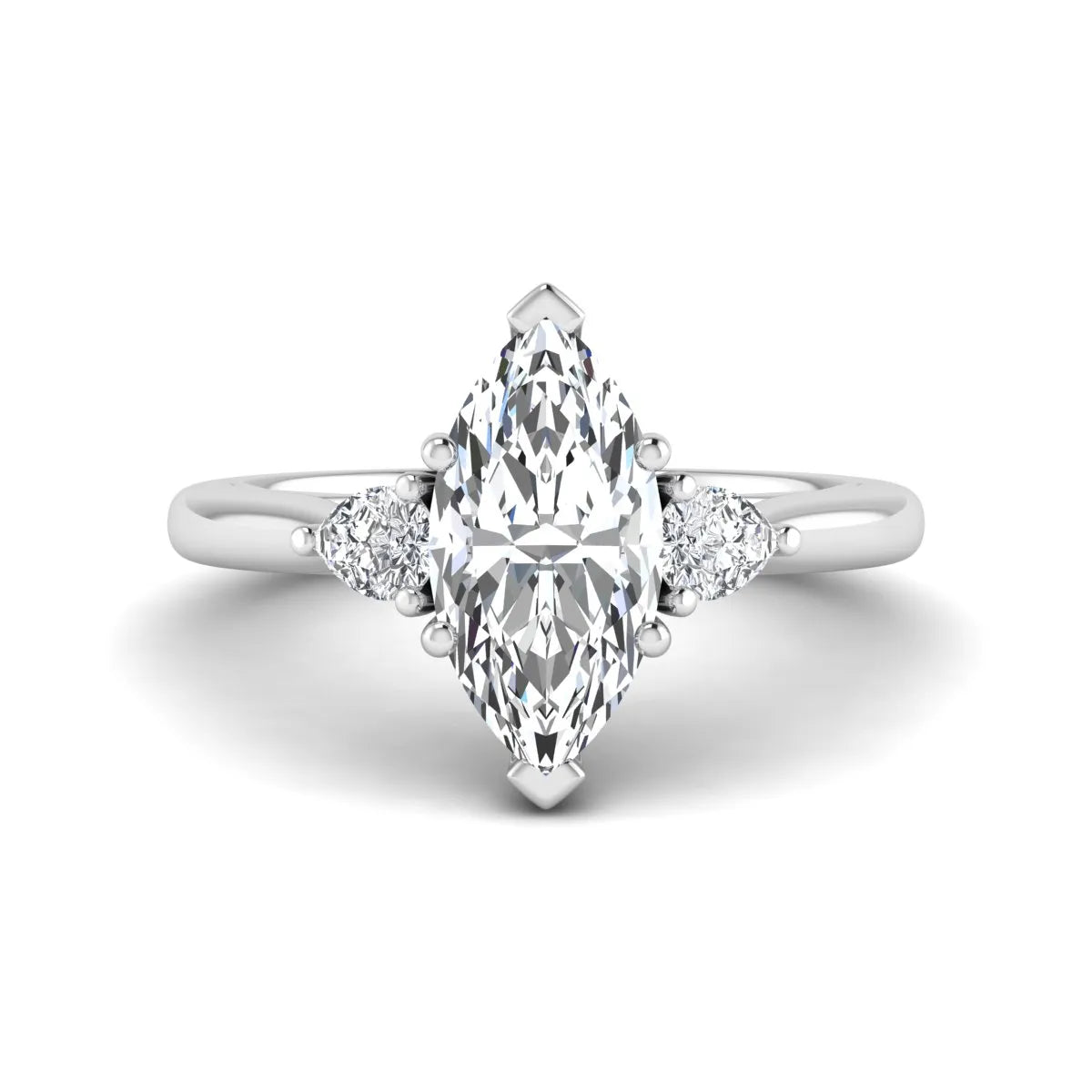Marquise cut lab grown diamond three stone engagement ring with prong setting, round and pear side diamonds, white gold tone shown for design reference.