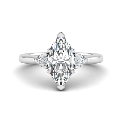 Marquise cut lab grown diamond three stone engagement ring with prong setting, round and pear side diamonds, white gold tone shown for design reference.