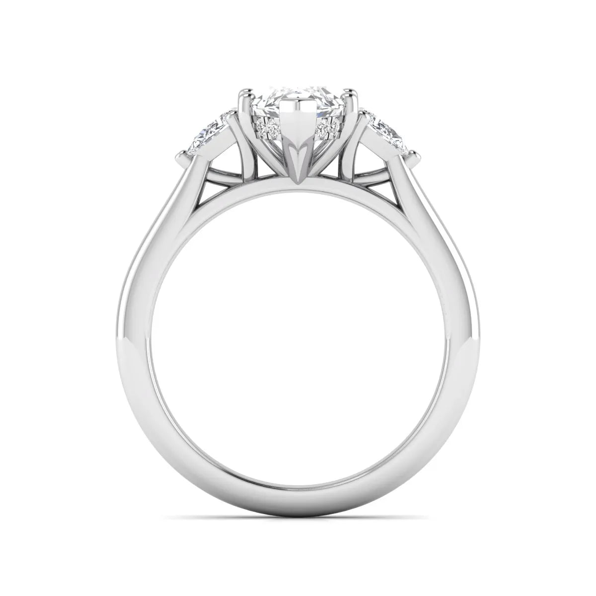 Marquise cut lab grown diamond three stone engagement ring with prong setting, round and pear side diamonds, white gold tone shown for design reference.