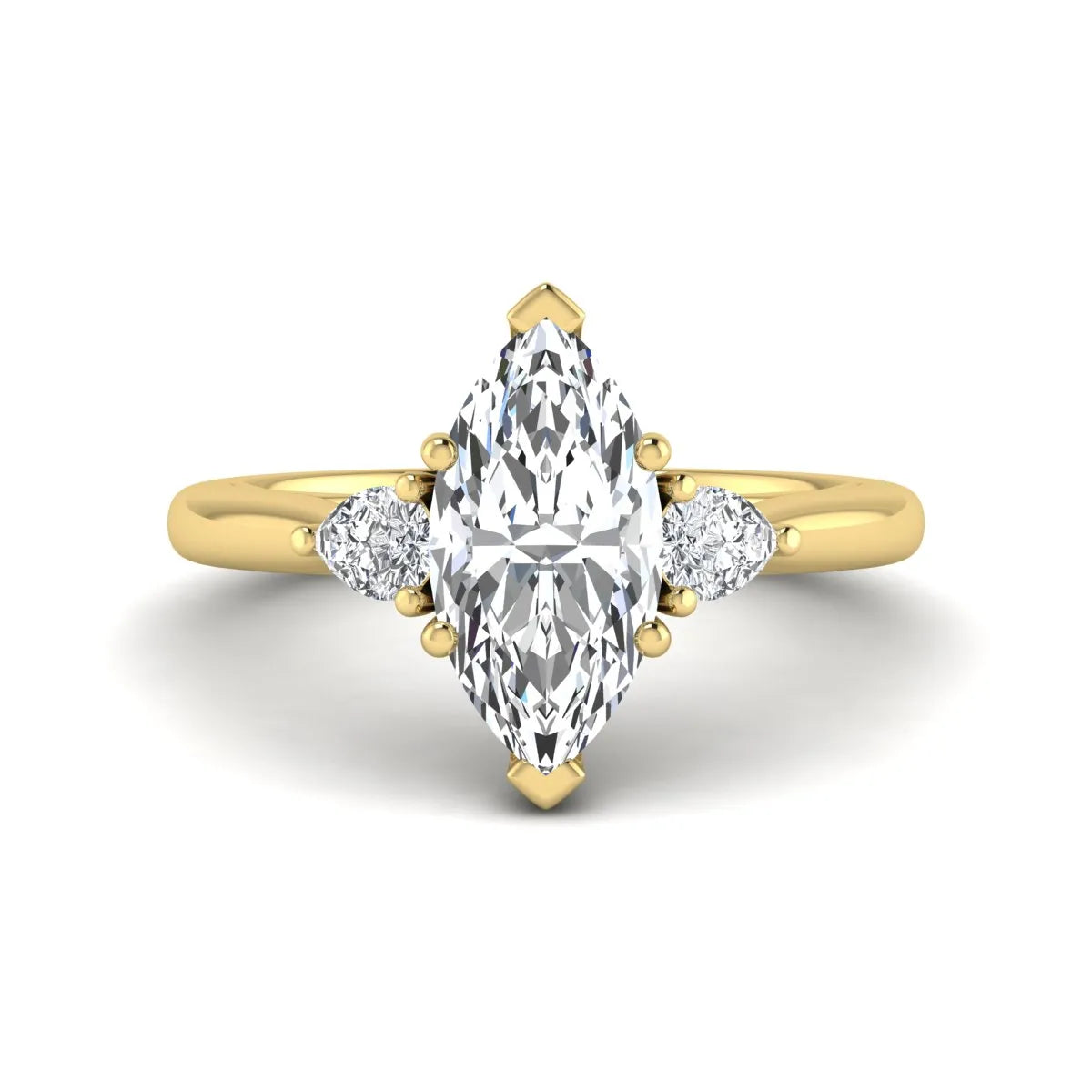 Marquise cut lab grown diamond three stone engagement ring with prong setting, round and pear side diamonds, yellow gold tone shown for design reference.