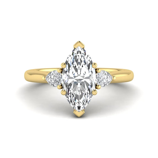 Marquise cut lab grown diamond three stone engagement ring with prong setting, round and pear side diamonds, yellow gold tone shown for design reference.
