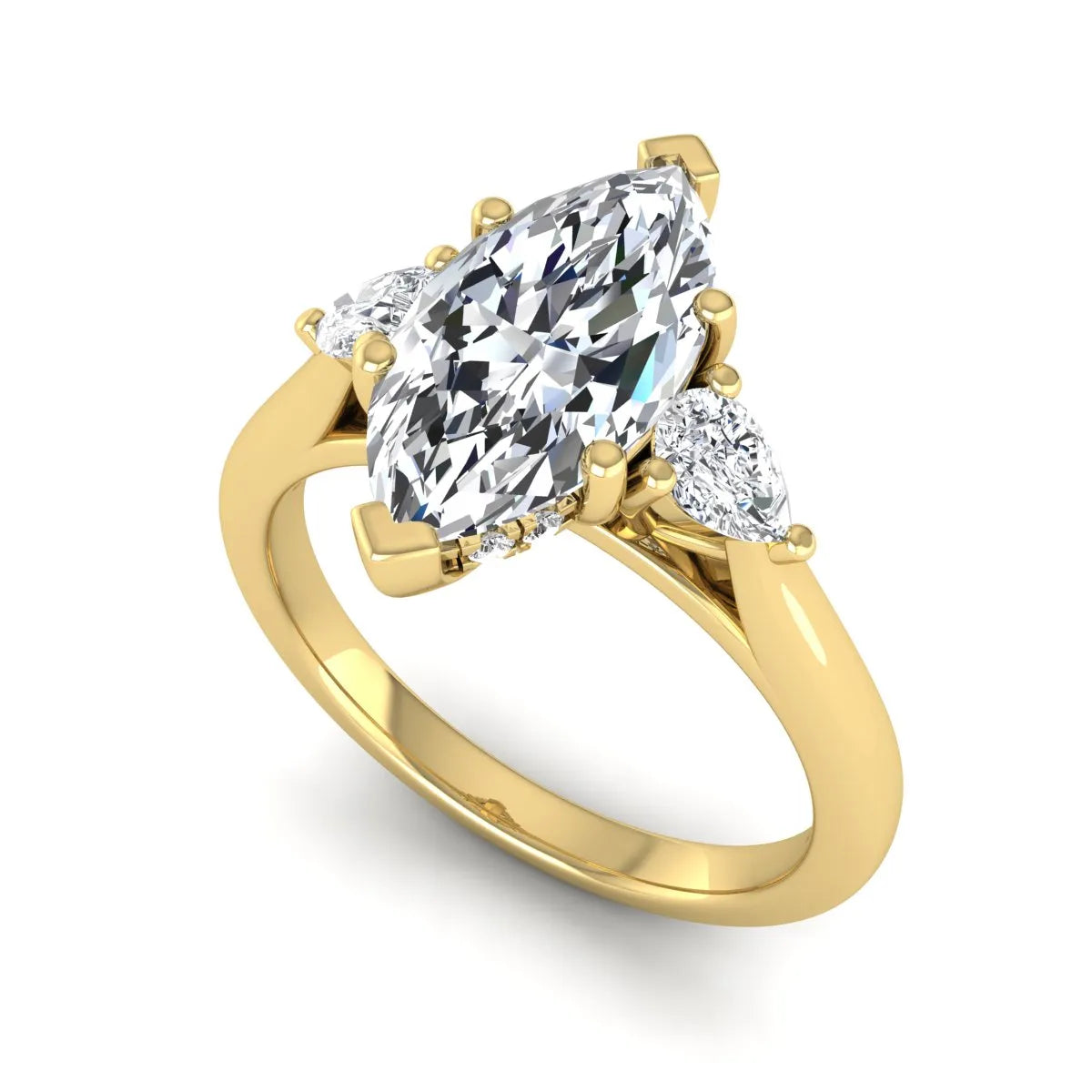 Marquise cut lab grown diamond three stone engagement ring with prong setting, round and pear side diamonds, yellow gold tone shown for design reference.