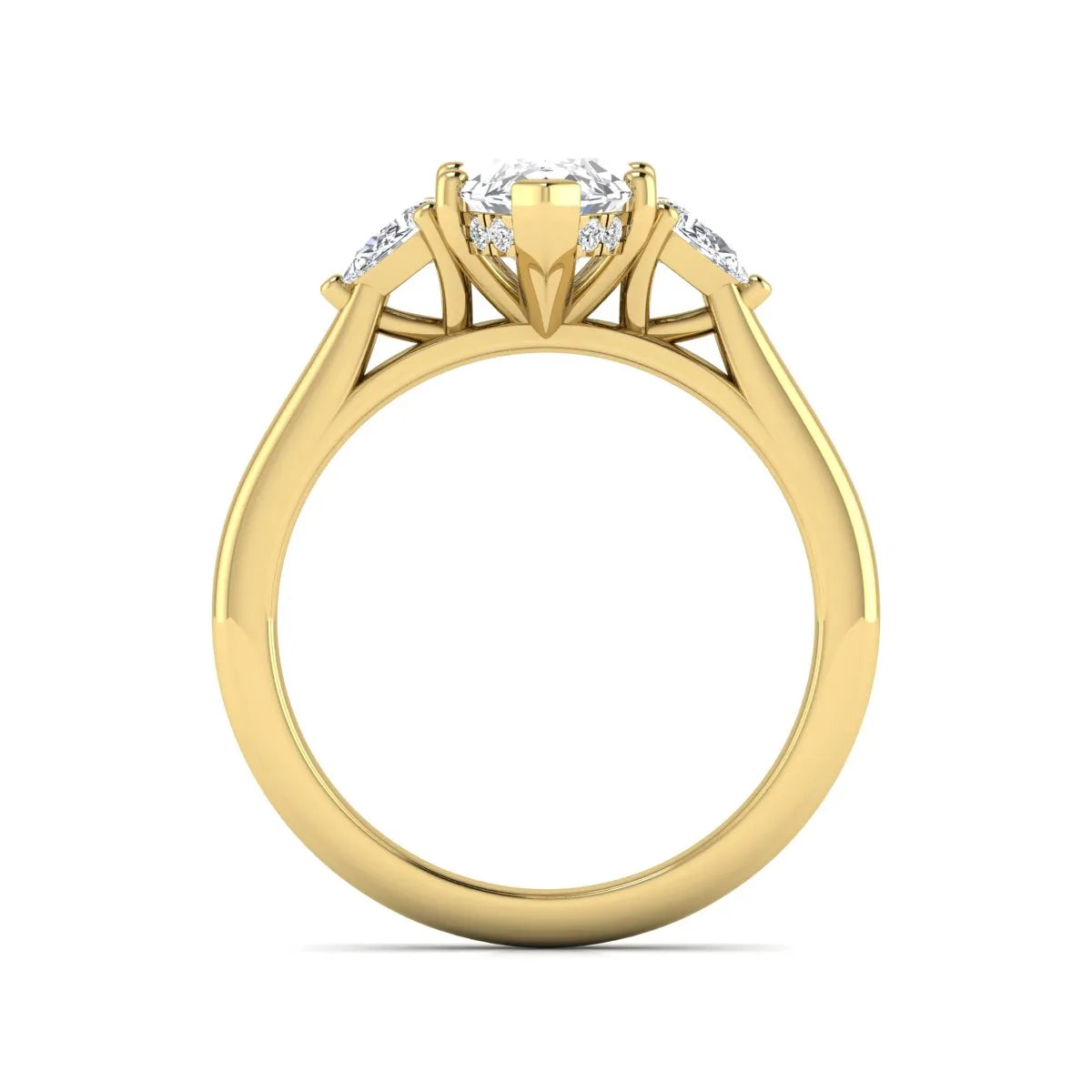Marquise cut lab grown diamond three stone engagement ring with prong setting, round and pear side diamonds, yellow gold tone shown for design reference.