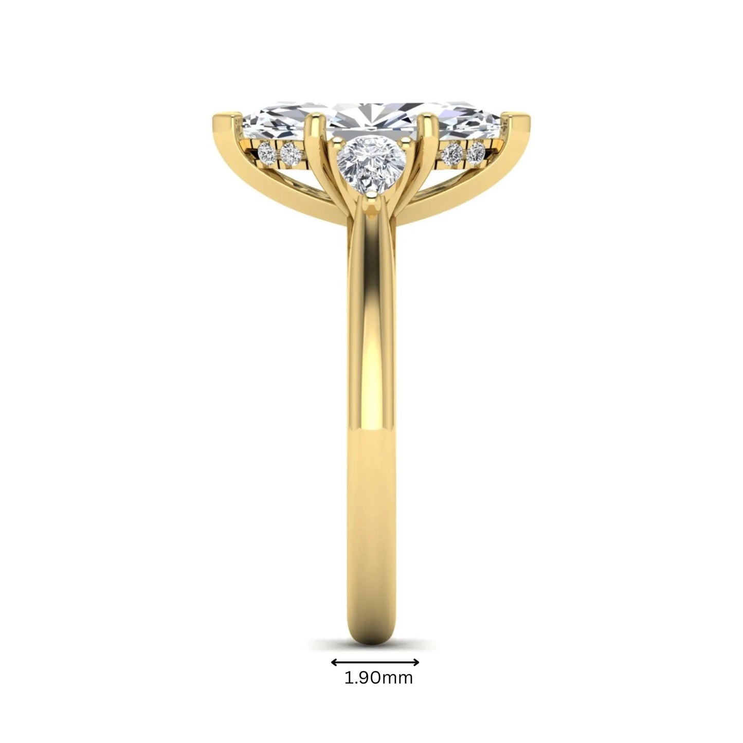 Marquise cut lab grown diamond three stone engagement ring with prong setting, round and pear side diamonds, yellow gold tone shown for design reference.