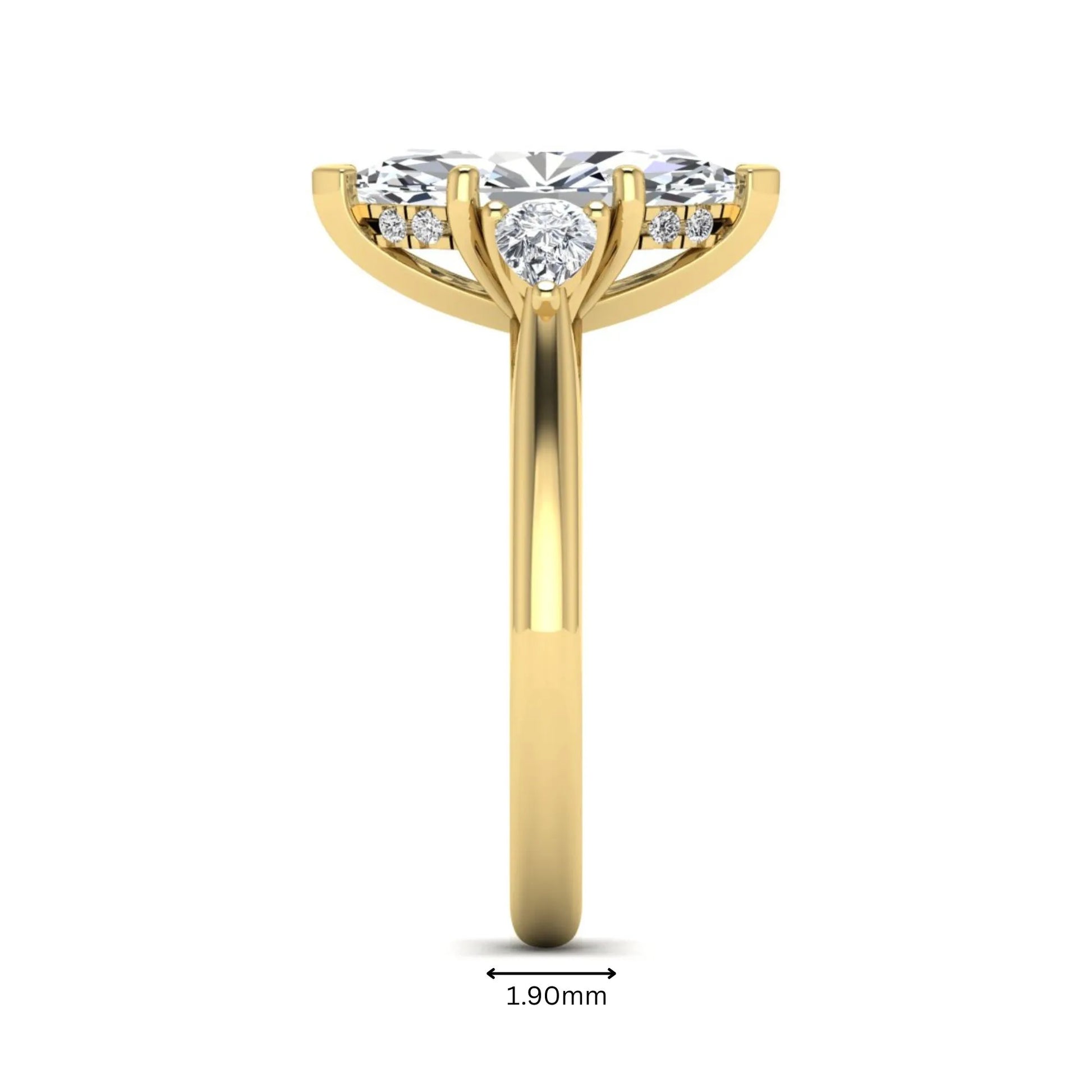 Marquise cut lab grown diamond three stone engagement ring with prong setting, round and pear side diamonds, yellow gold tone shown for design reference.
