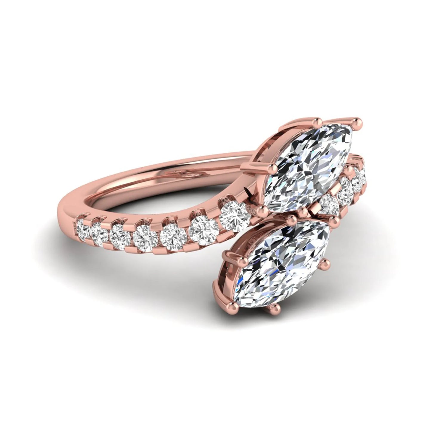 Marquise and round cut lab grown diamond bypass ring with prong setting in rose gold tone.