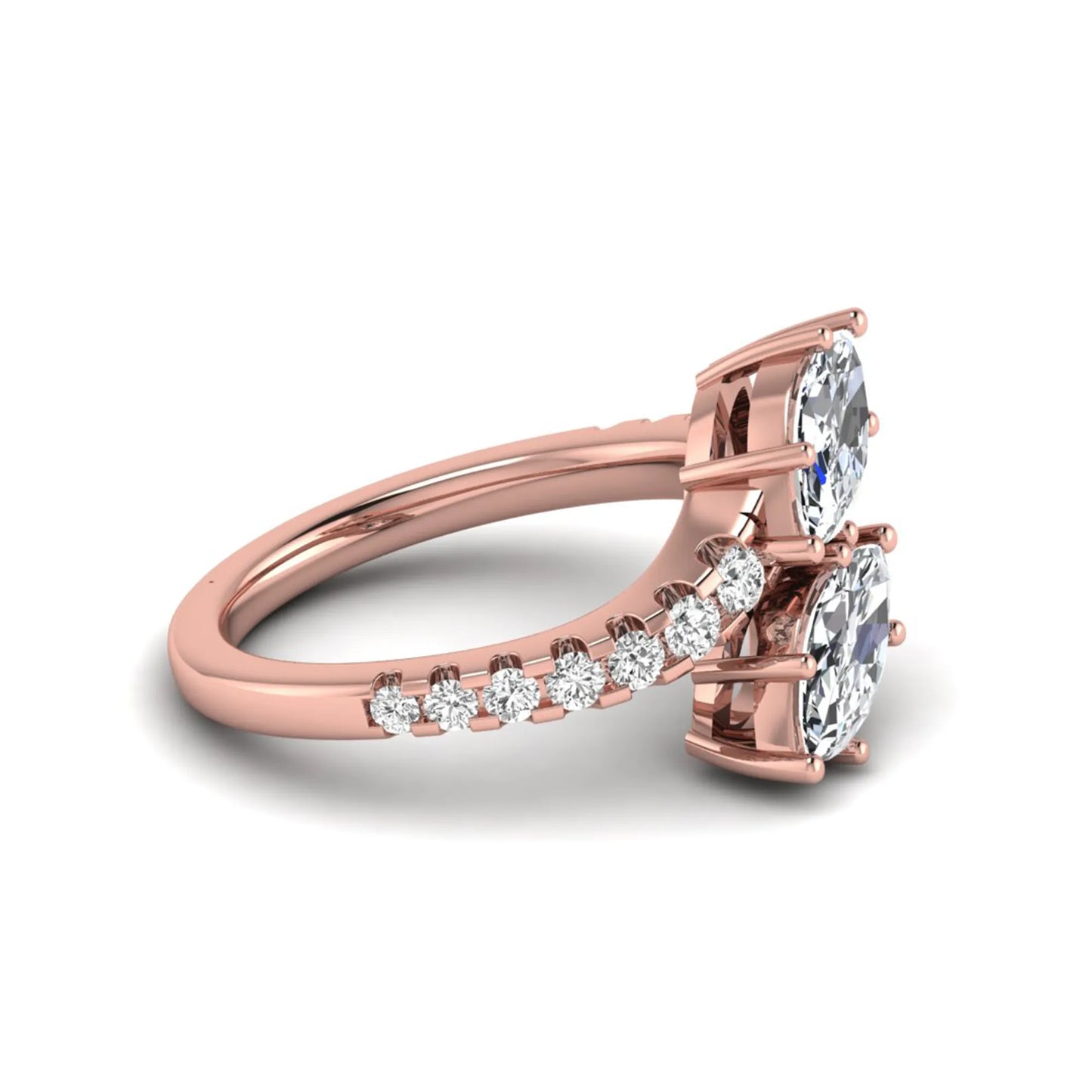 Marquise and round cut lab grown diamond bypass ring with prong setting in rose gold tone.