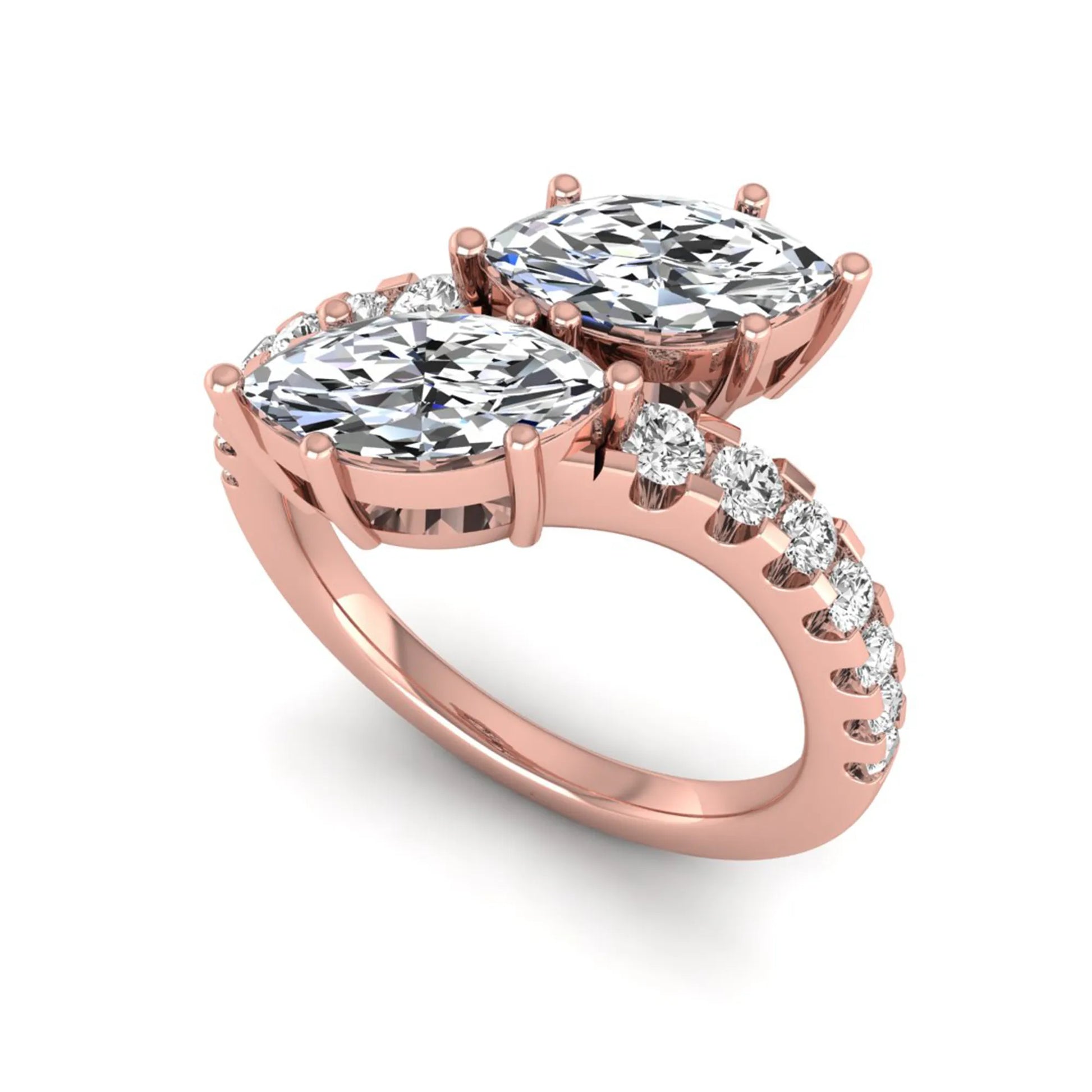 Marquise and round cut lab grown diamond bypass ring with prong setting in rose gold tone.