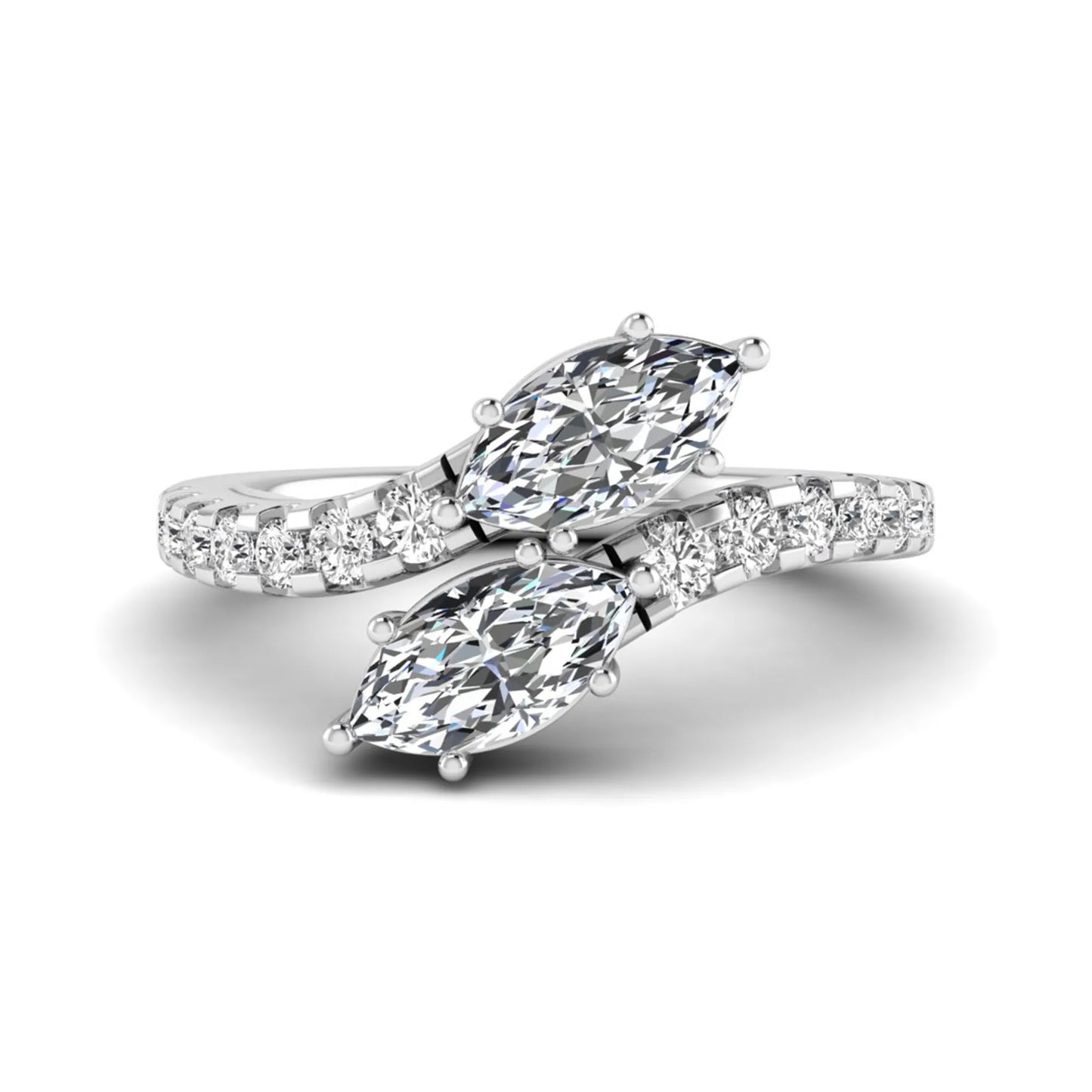 Marquise and round cut lab grown diamond bypass ring with prong setting in white gold tone.