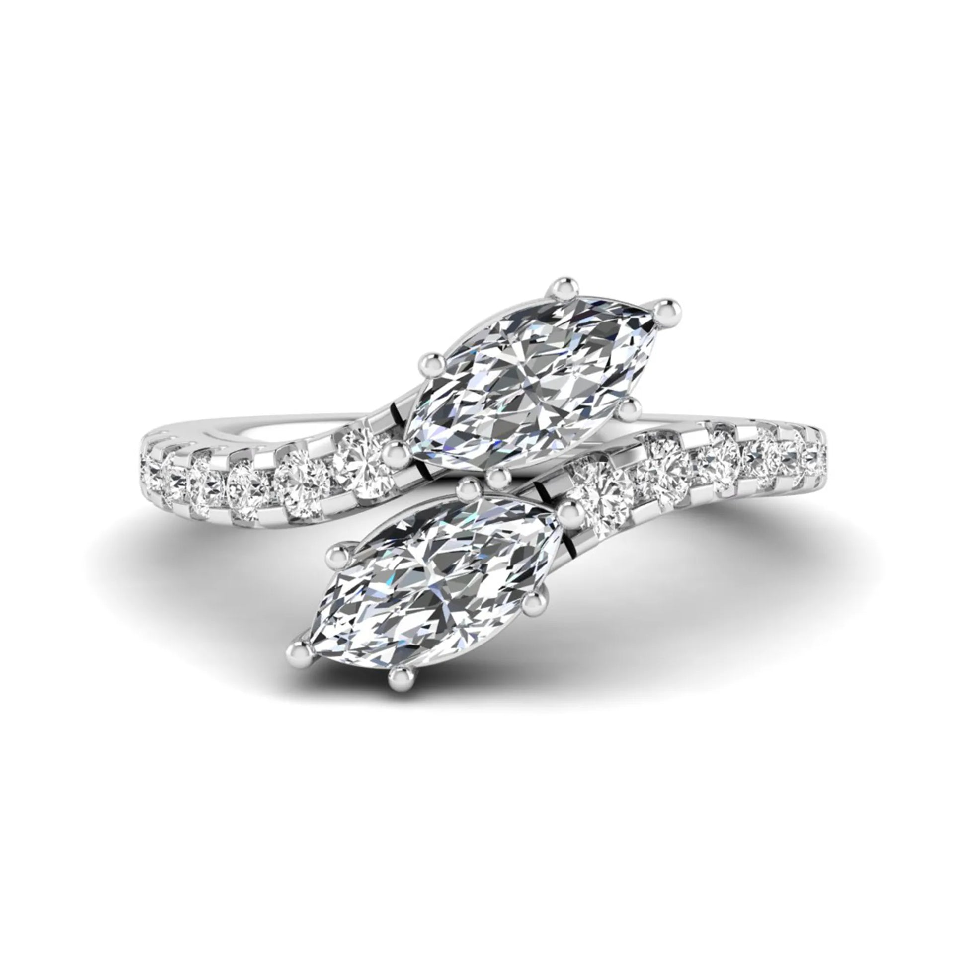 Marquise and round cut lab grown diamond bypass ring with prong setting in white gold tone.