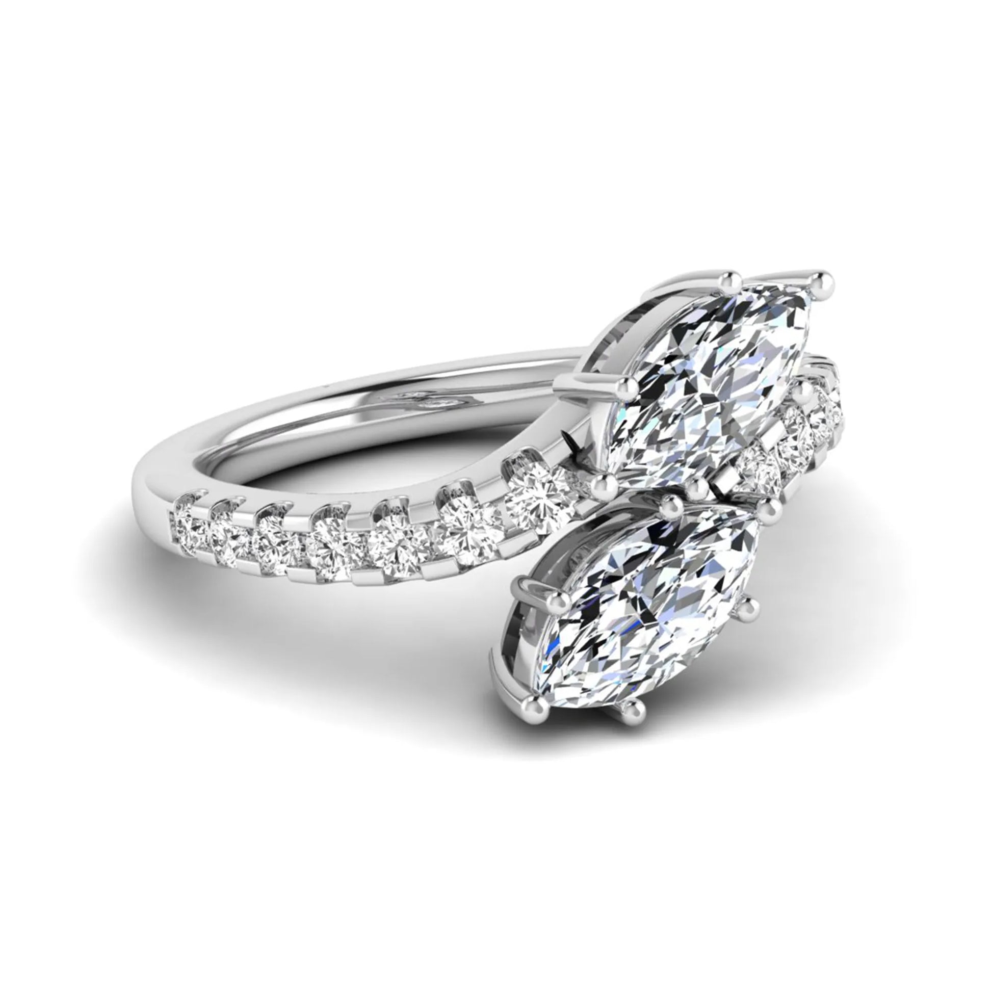 Marquise and round cut lab grown diamond bypass ring with prong setting in white gold tone.