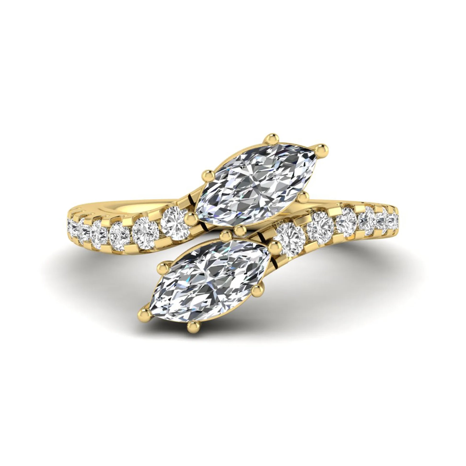Marquise and round cut lab grown diamond bypass ring with prong setting in yellow gold tone.
