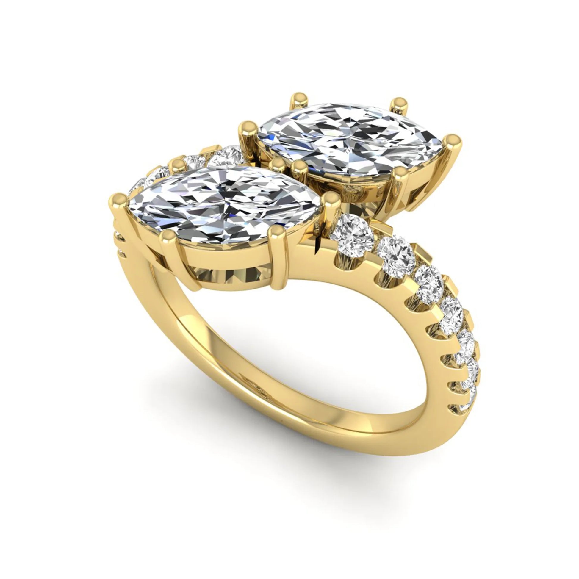 Marquise and round cut lab grown diamond bypass ring with prong setting in yellow gold tone.