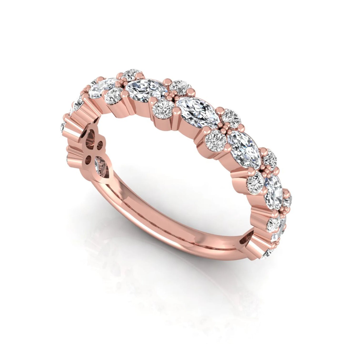 Marquise and round cut lab grown diamond floral eternity ring featuring alternating diamond clusters in a rose gold design
