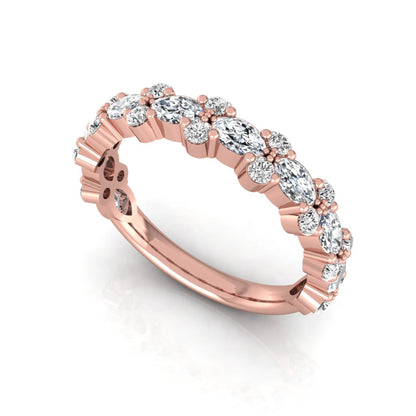 Marquise and round cut lab grown diamond floral eternity ring featuring alternating diamond clusters in a rose gold design