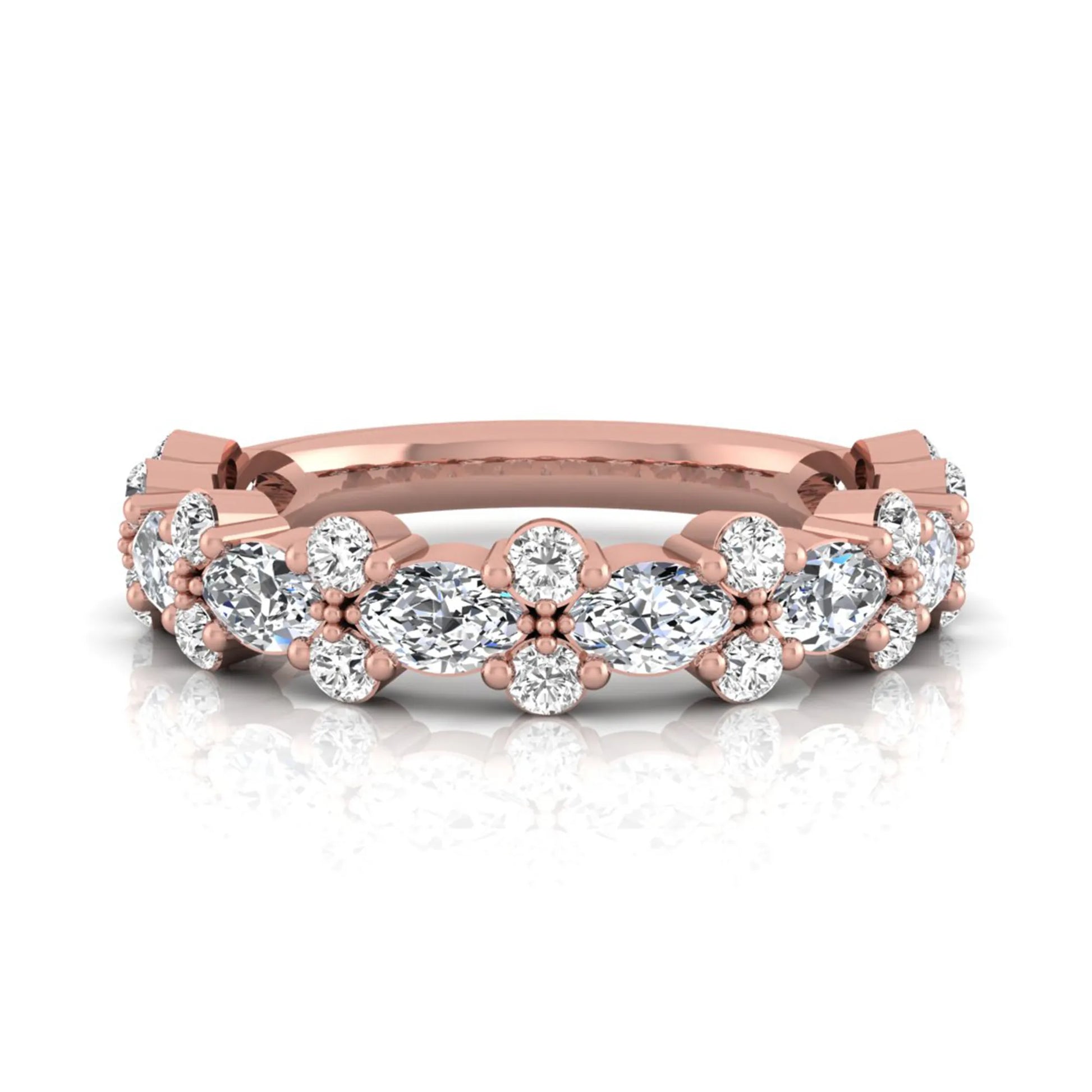 Marquise and round cut lab grown diamond floral eternity ring featuring alternating diamond clusters in a rose gold design