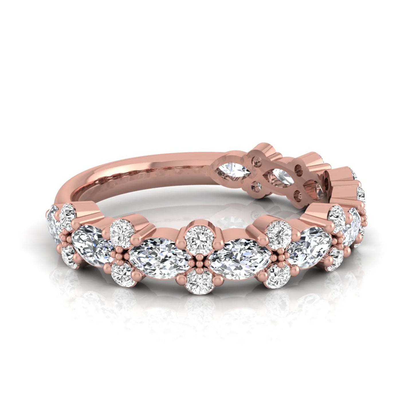 Marquise and round cut lab grown diamond floral eternity ring featuring alternating diamond clusters in a rose gold design