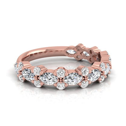 Marquise and round cut lab grown diamond floral eternity ring featuring alternating diamond clusters in a rose gold design