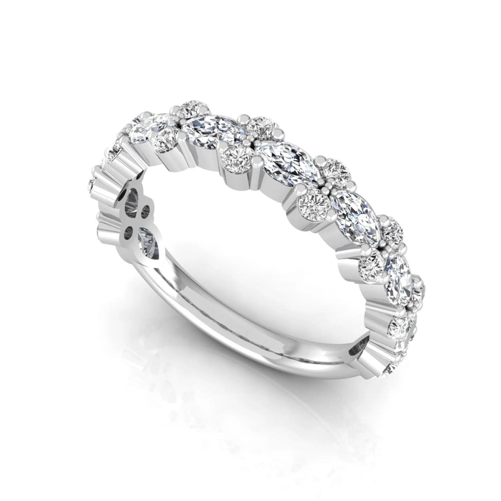 Marquise and round cut lab grown diamond floral eternity ring featuring alternating diamond clusters in a white gold design