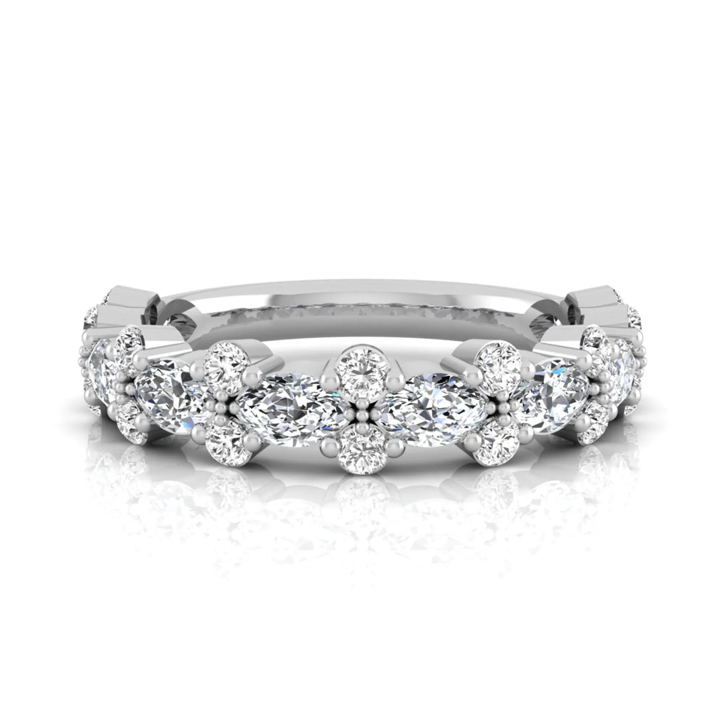 Marquise and round cut lab grown diamond floral eternity ring featuring alternating diamond clusters in a white gold design