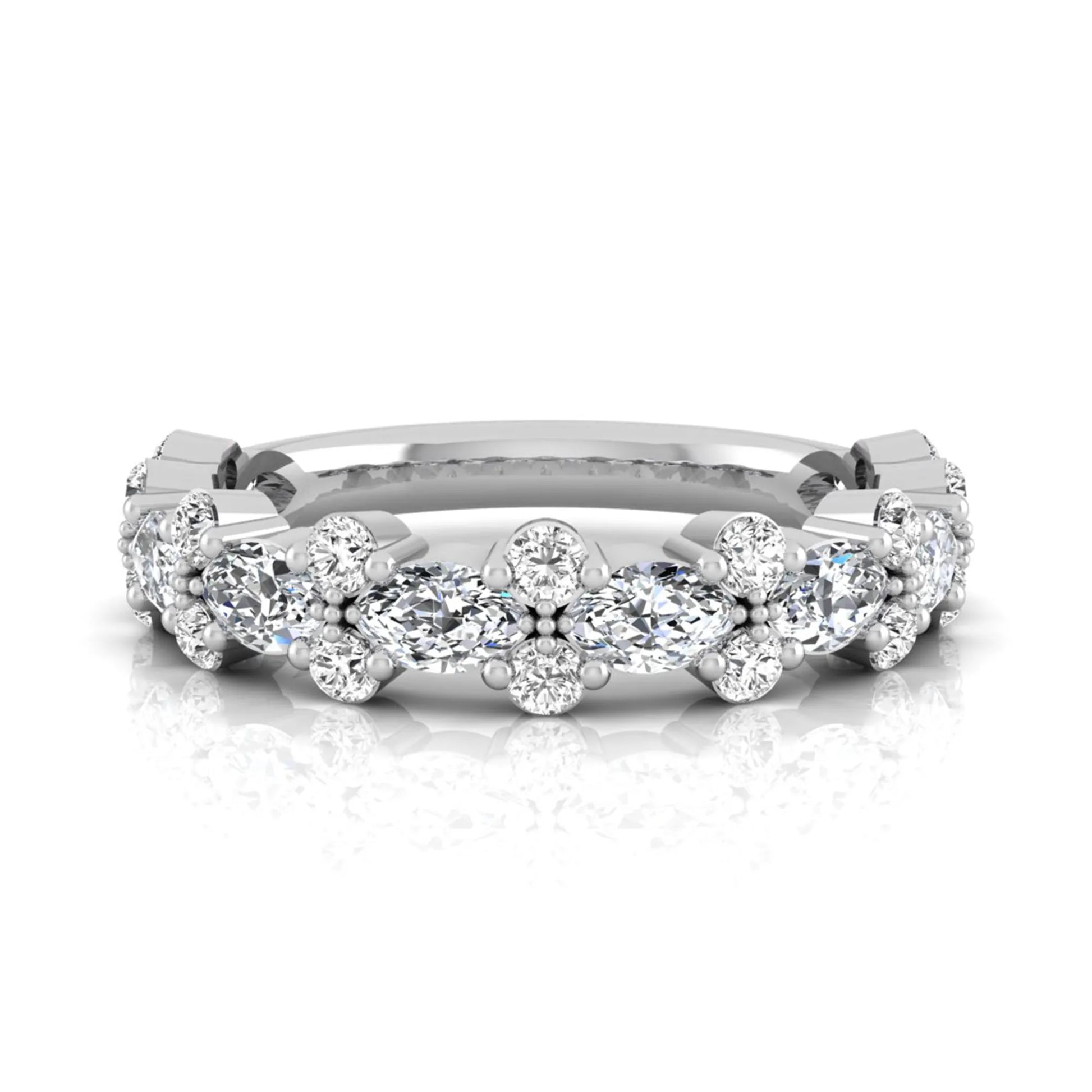 Marquise and round cut lab grown diamond floral eternity ring featuring alternating diamond clusters in a white gold design