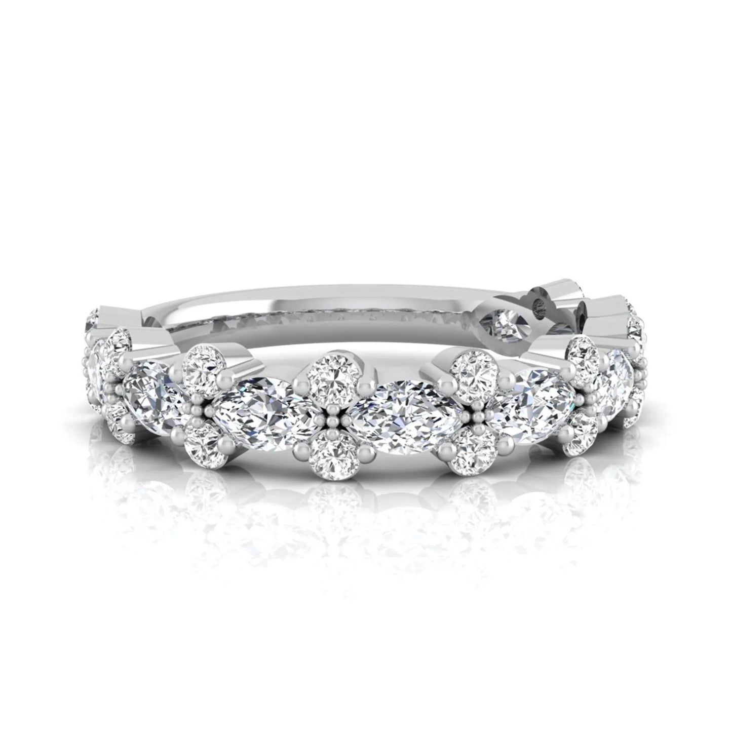 Marquise and round cut lab grown diamond floral eternity ring featuring alternating diamond clusters in a white gold design